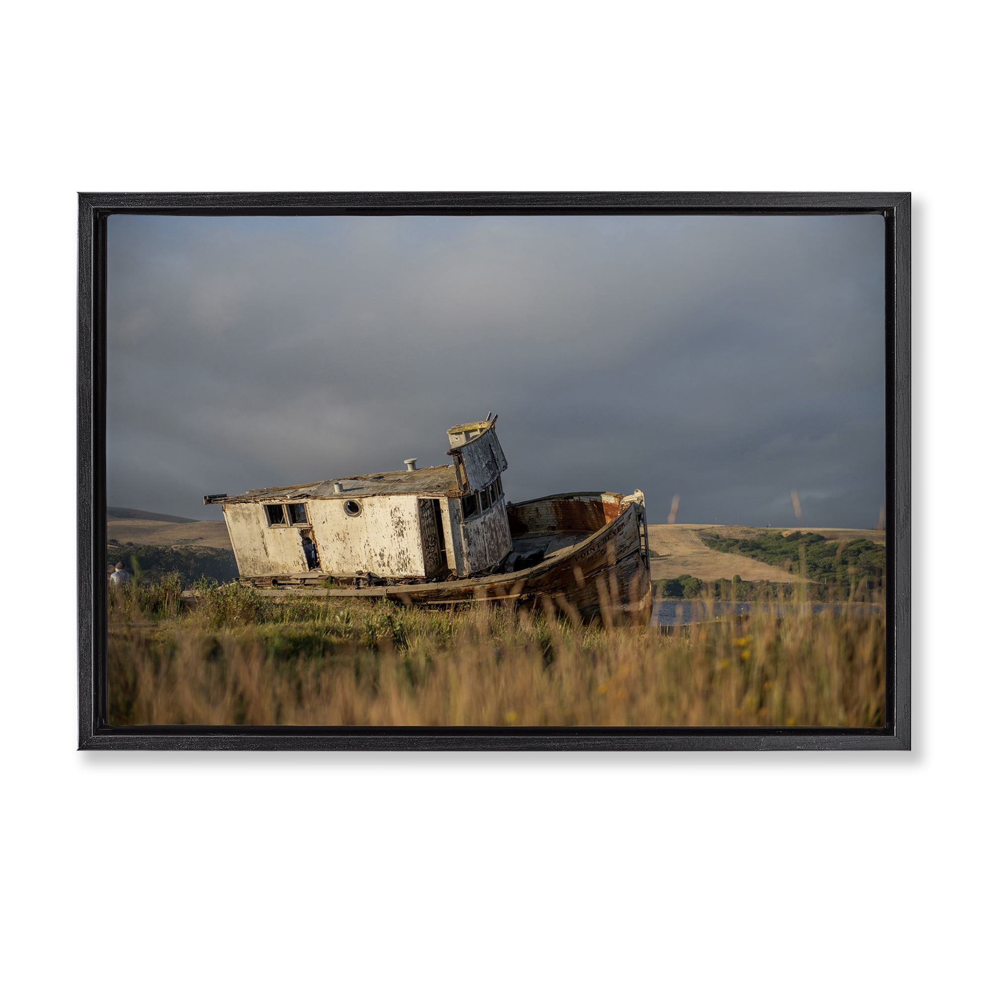 Stupell Industries Old Shipwreck on Beach Landscape & Nature Photography Black Floater Framed Canvas Art Print Wall Art, 31 x 21