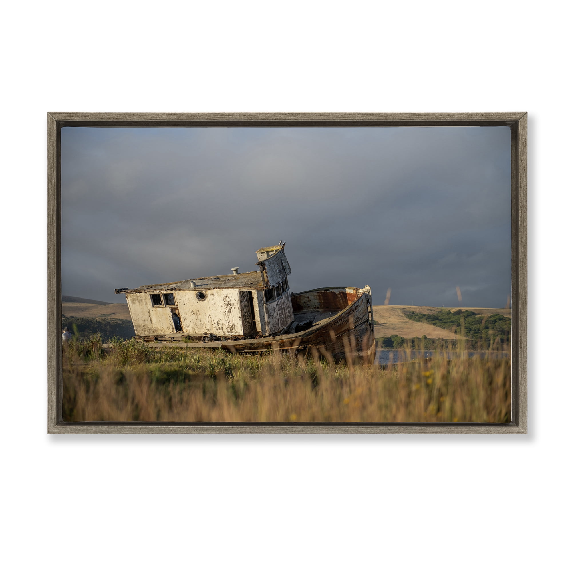 Stupell Industries Old Shipwreck on Beach Landscape & Nature Photography Brown Floater Framed Canvas Art Print Wall Art, 25 x 17