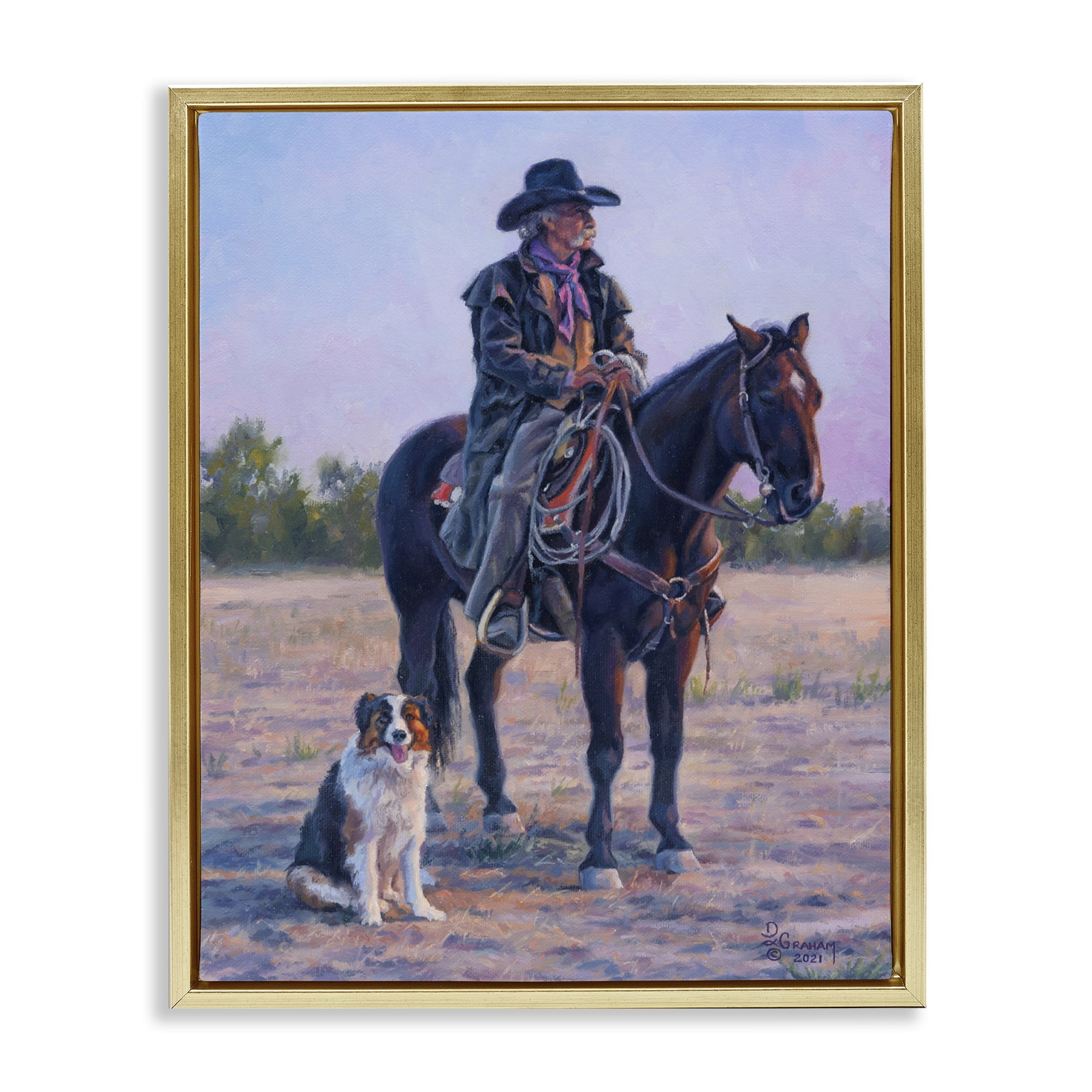 Stupell Industries Old Timers Cowboy Animals & Insects Painting Gold Floater Framed Canvas Art Print Wall Art, 25 x 31