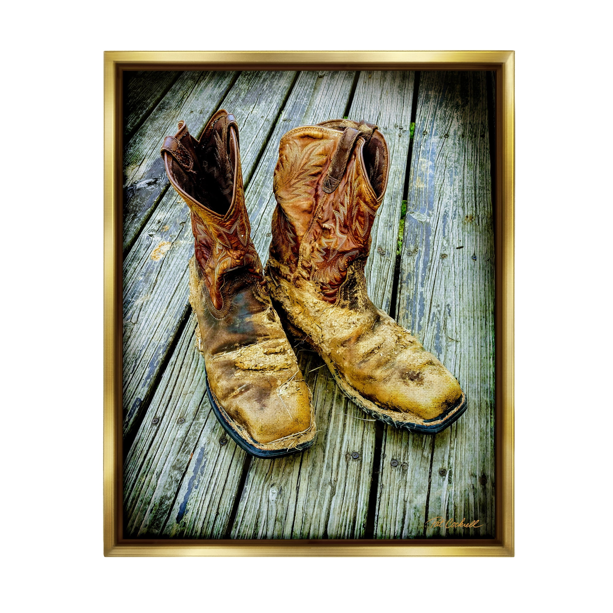 Stupell Industries Old Work Boots Photography Beauty & Fashion Photography Gold Floater Framed Art Print Wall Art, 17 x 21