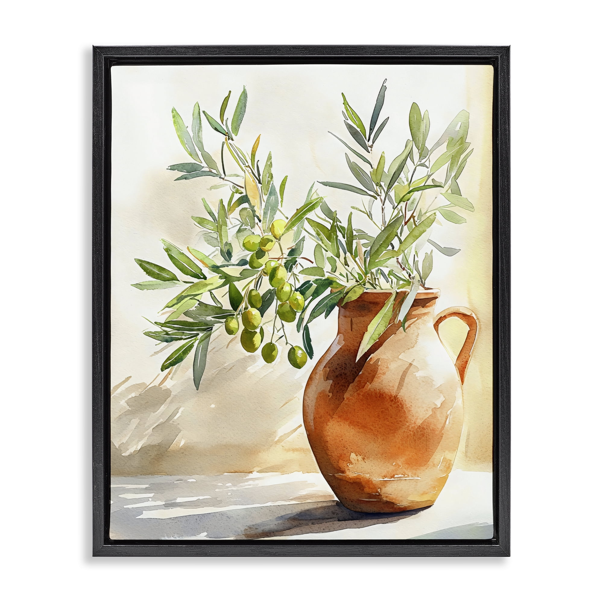 Stupell Industries Olive Branch in Terracotta Vase Black Framed Floater Canvas Wall Art, design by LSR Design Studio