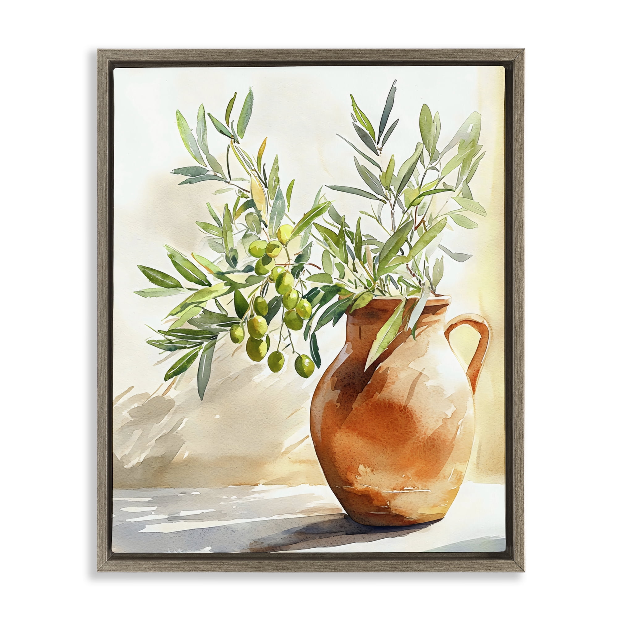 Stupell Industries Olive Branch in Terracotta Vase Brown Framed Floater Canvas Wall Art, design by LSR Design Studio