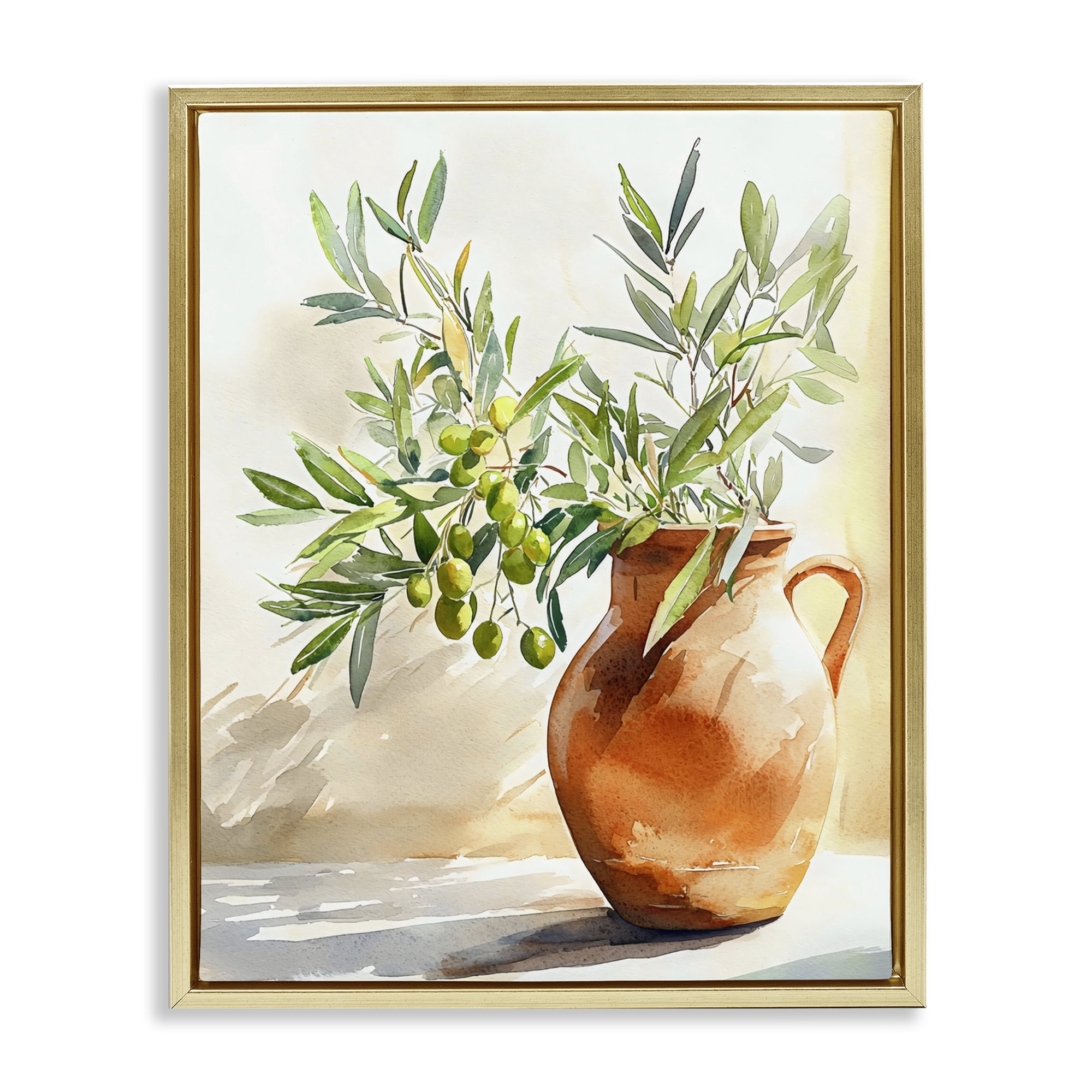 Stupell Industries Olive Branch in Terracotta Vase Gold Framed Floater Canvas Wall Art, design by LSR Design Studio