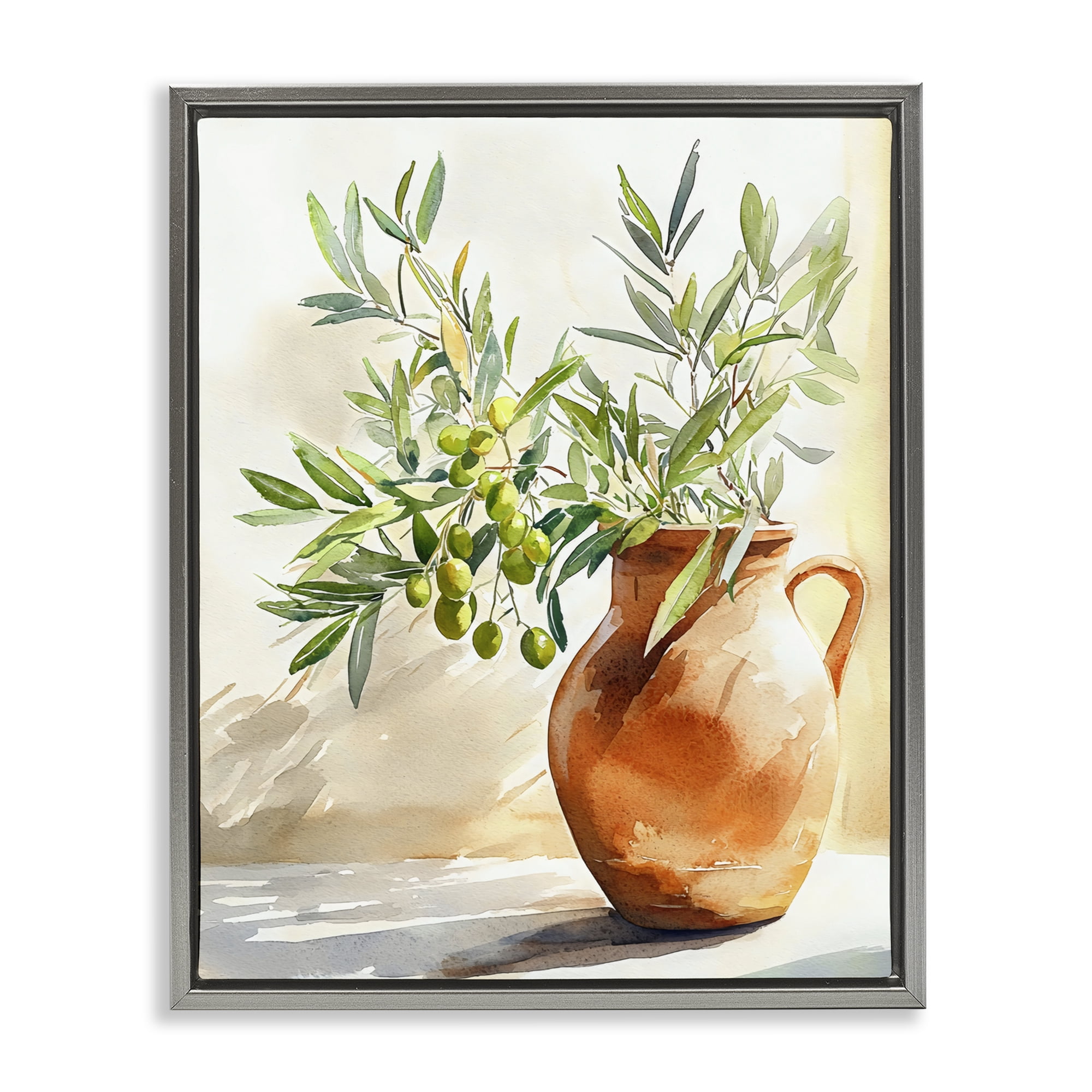 Stupell Industries Olive Branch in Terracotta Vase Gray Framed Floater Canvas Wall Art, design by LSR Design Studio