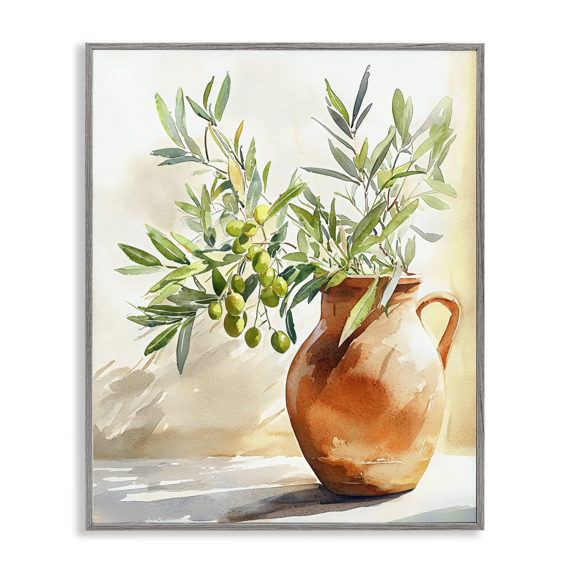 Stupell Industries Olive Branch in Terracotta Vase Gray Framed Giclee Art, design by LSR Design Studio