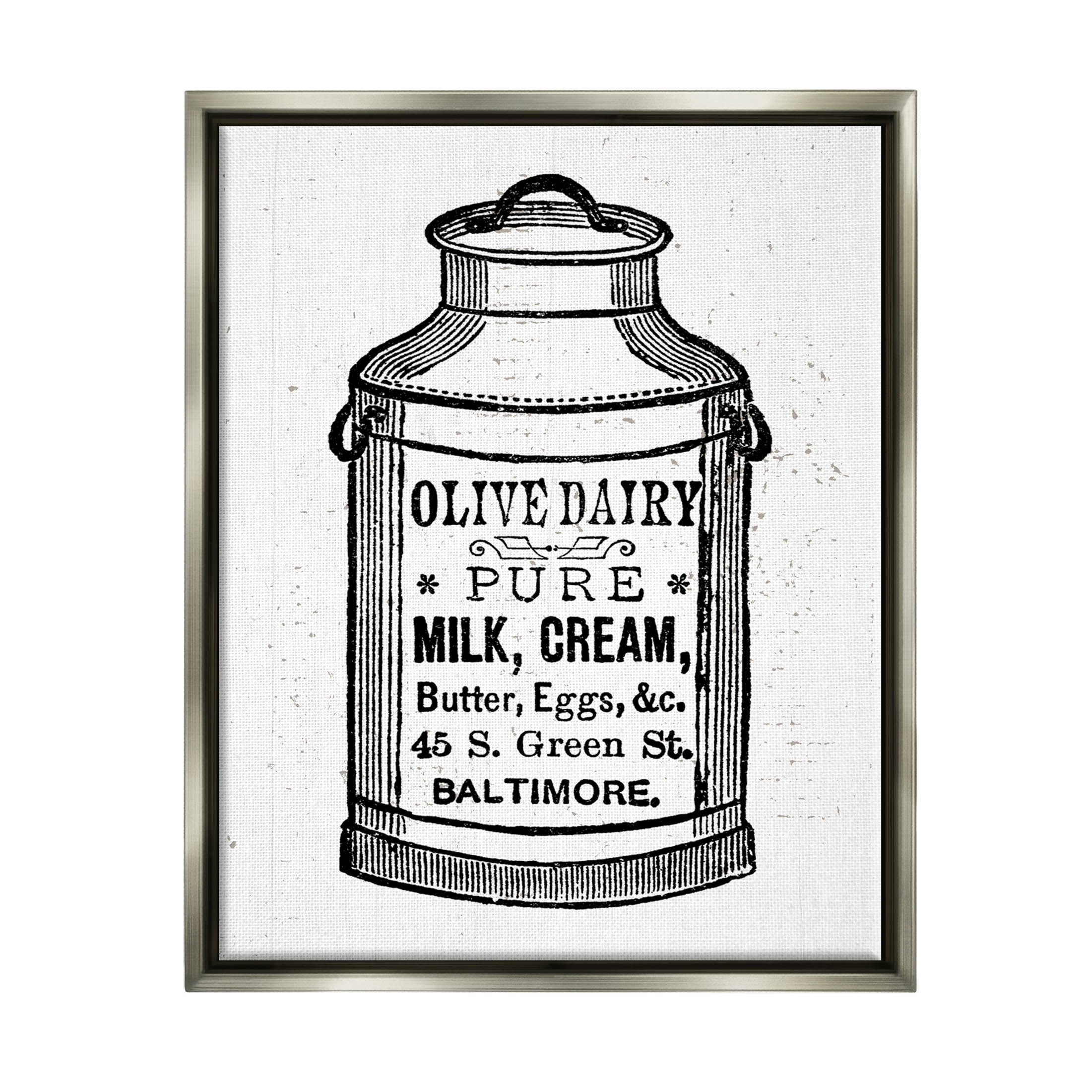 Stupell Industries Olive Dairy Vintage Milk Can Graphic Art Luster Gray Floating Framed Canvas Print Wall Art, Design by Lil' Rue