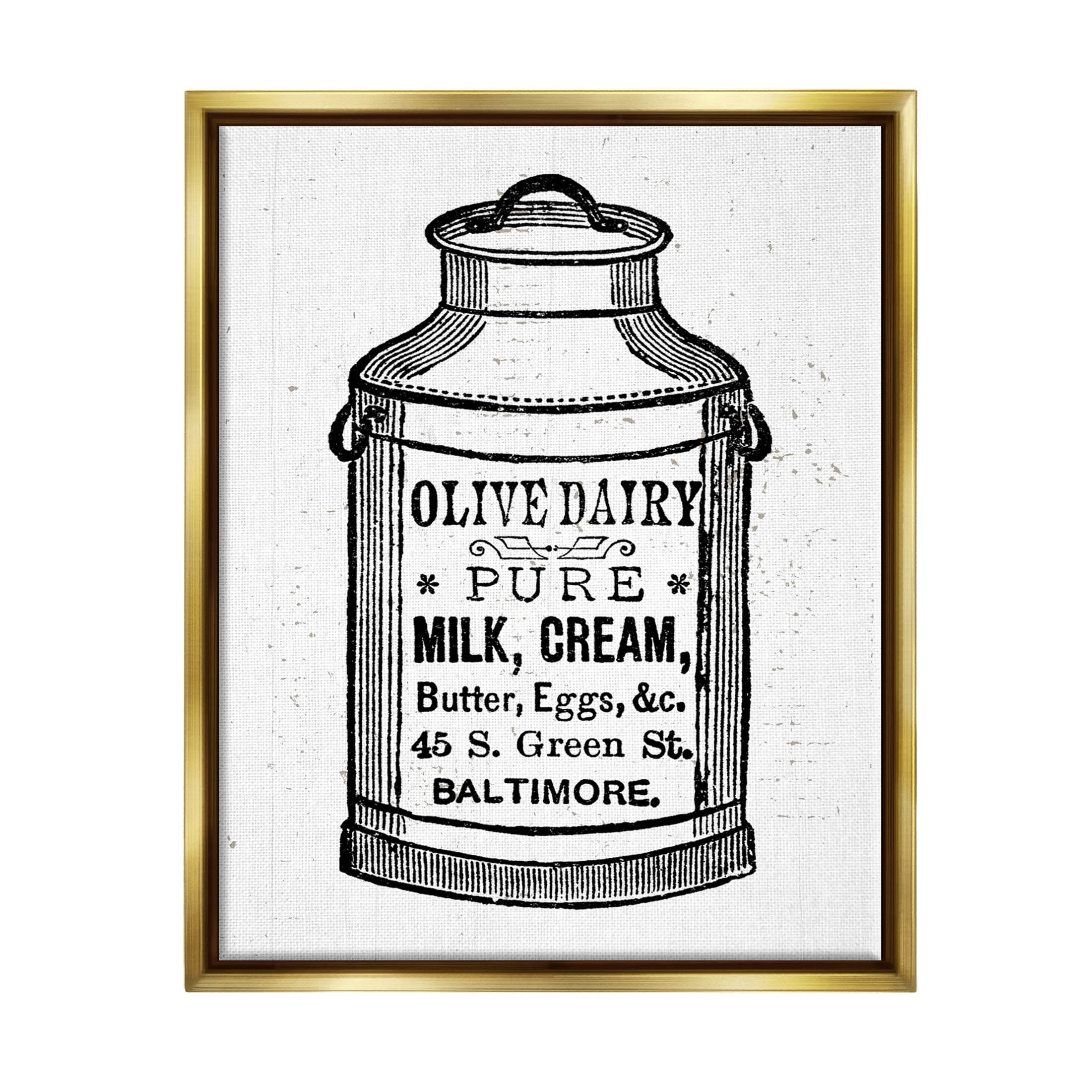 Stupell Industries Olive Dairy Vintage Milk Can Graphic Art Metallic Gold Floating Framed Canvas Print Wall Art, Design by Lil' Rue