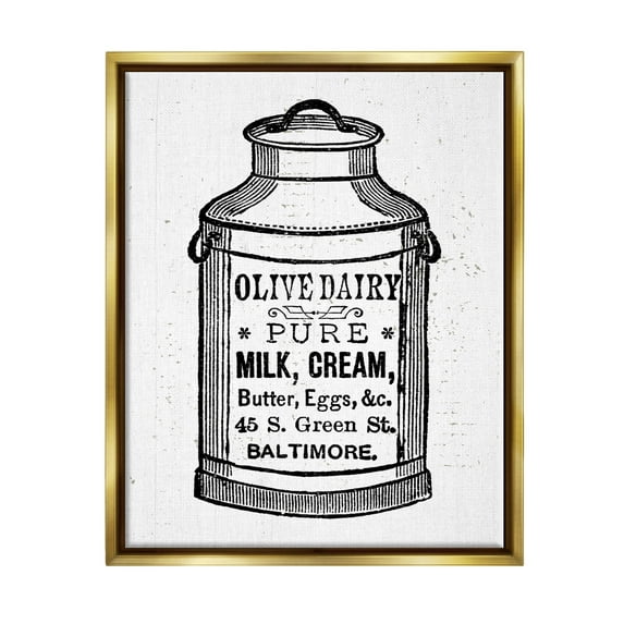 Stupell Industries Olive Dairy Vintage Milk Can Graphic Art Metallic Gold Floating Framed Canvas Print Wall Art, Design by Lil' Rue