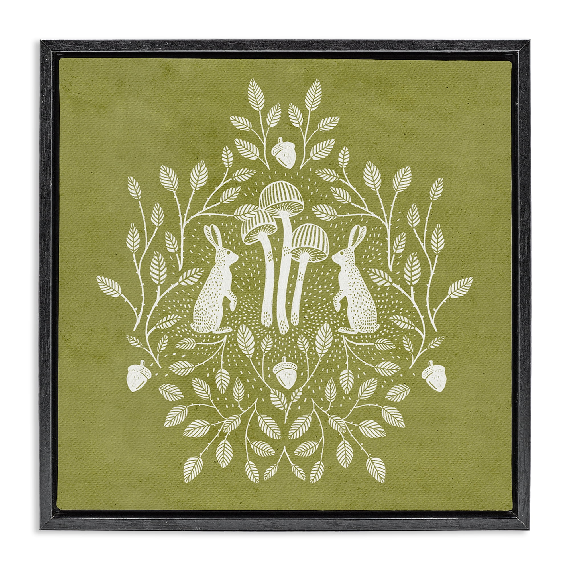 Stupell Industries Olive Green Botanical Rabbits Plants & Flowers Painting Black Floater Framed Canvas Art Print Wall Art, 25 x 25