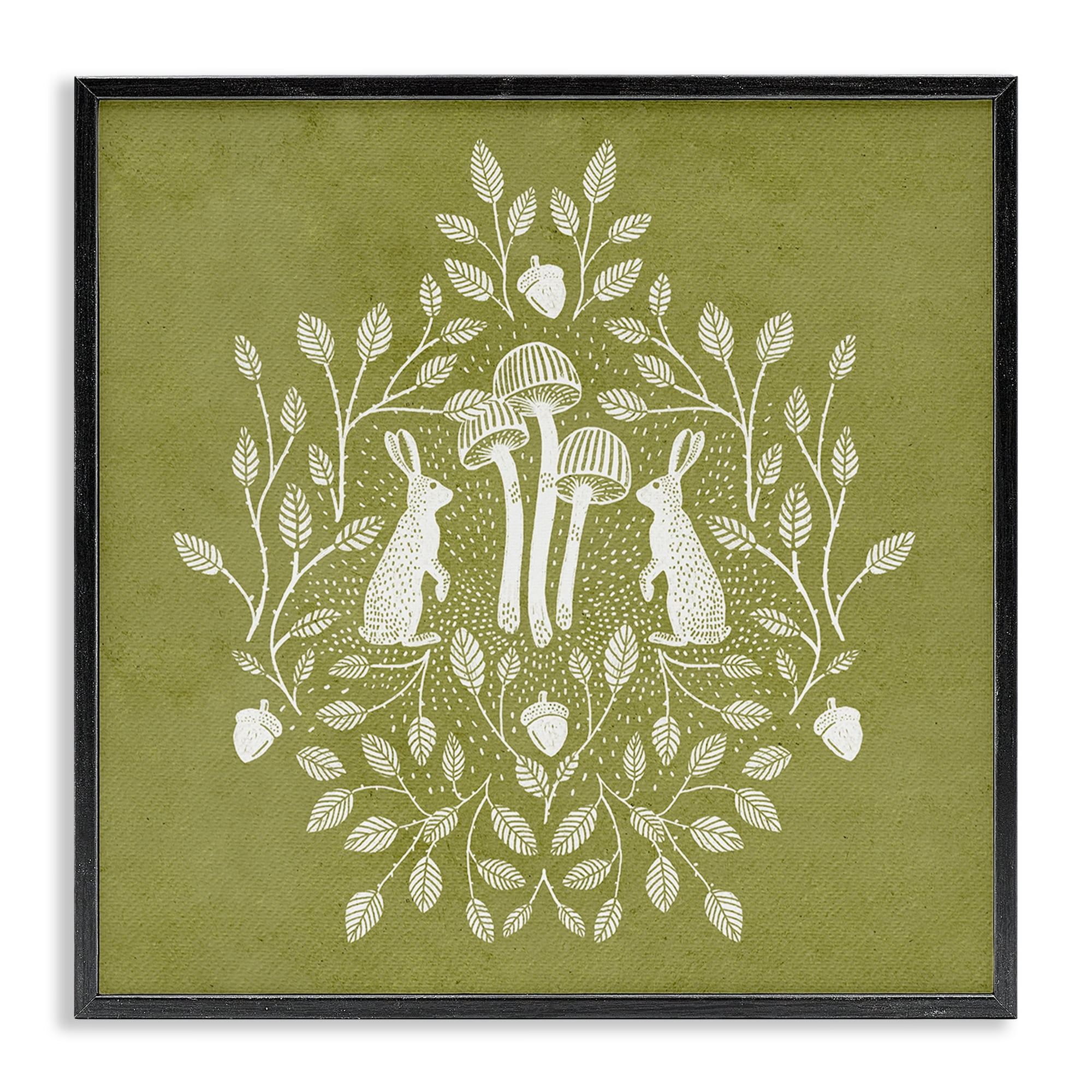 Stupell Industries Olive Green Botanical Rabbits Plants & Flowers Painting Black Framed Art Print Wall Art, 17 x 17