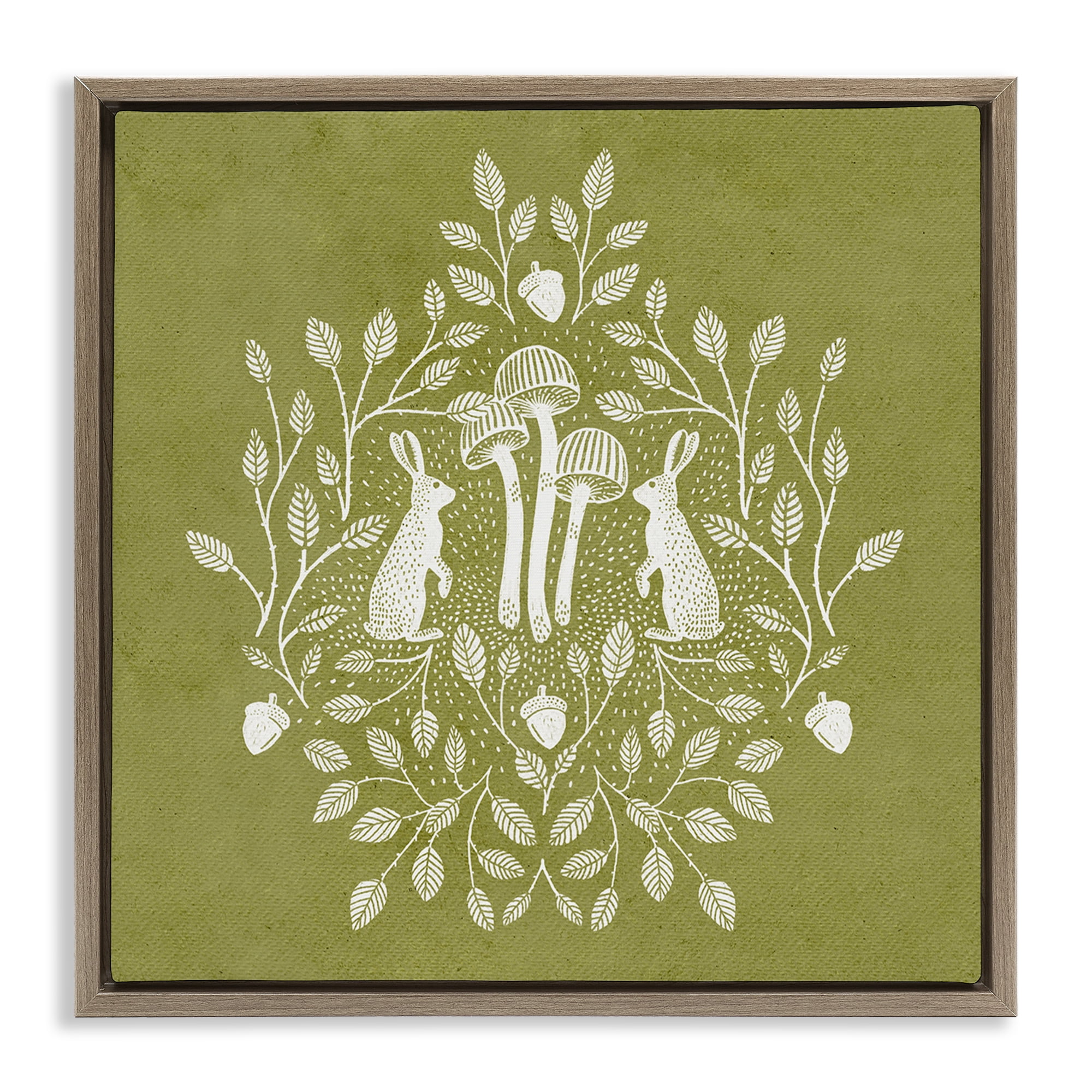Stupell Industries Olive Green Botanical Rabbits Plants & Flowers Painting Brown Floater Framed Canvas Art Print Wall Art, 25 x 25
