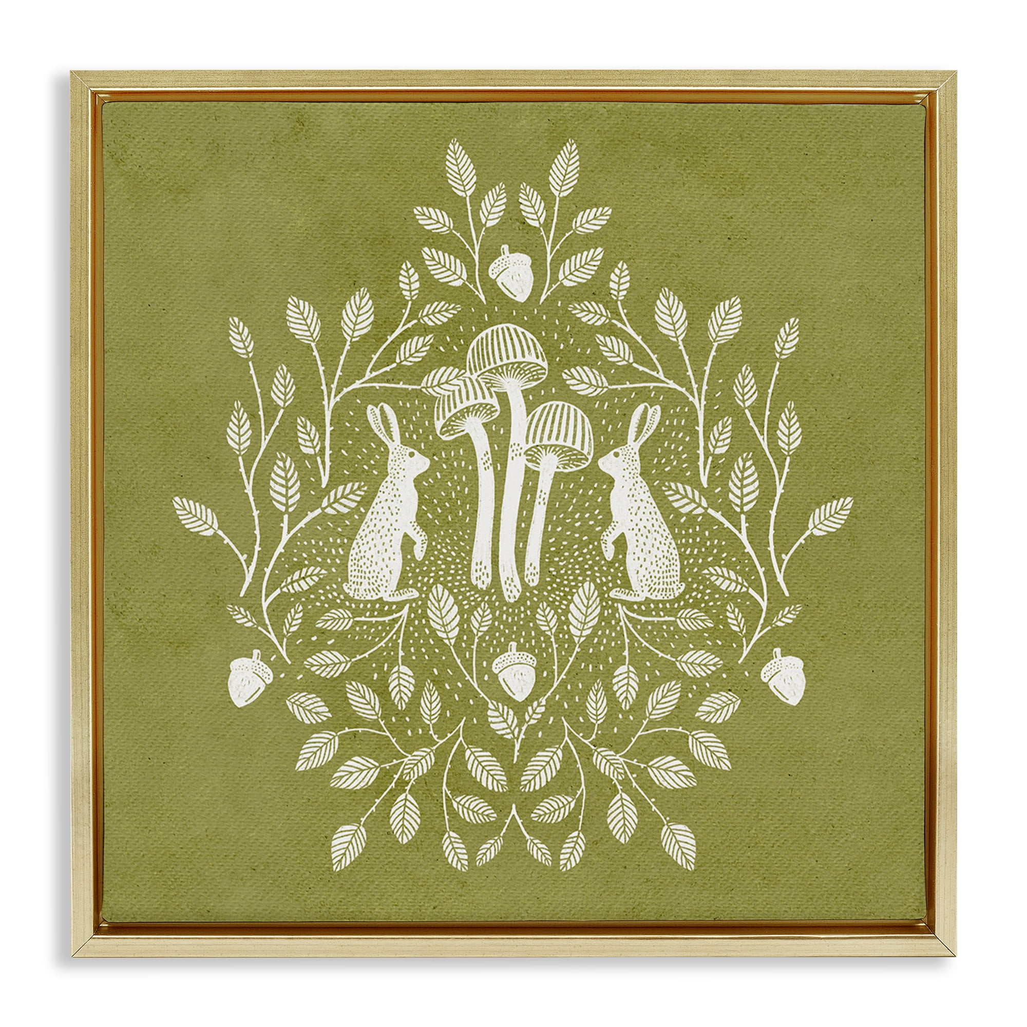 Stupell Industries Olive Green Botanical Rabbits Plants & Flowers Painting Gold Floater Framed Canvas Art Print Wall Art, 18 x 18