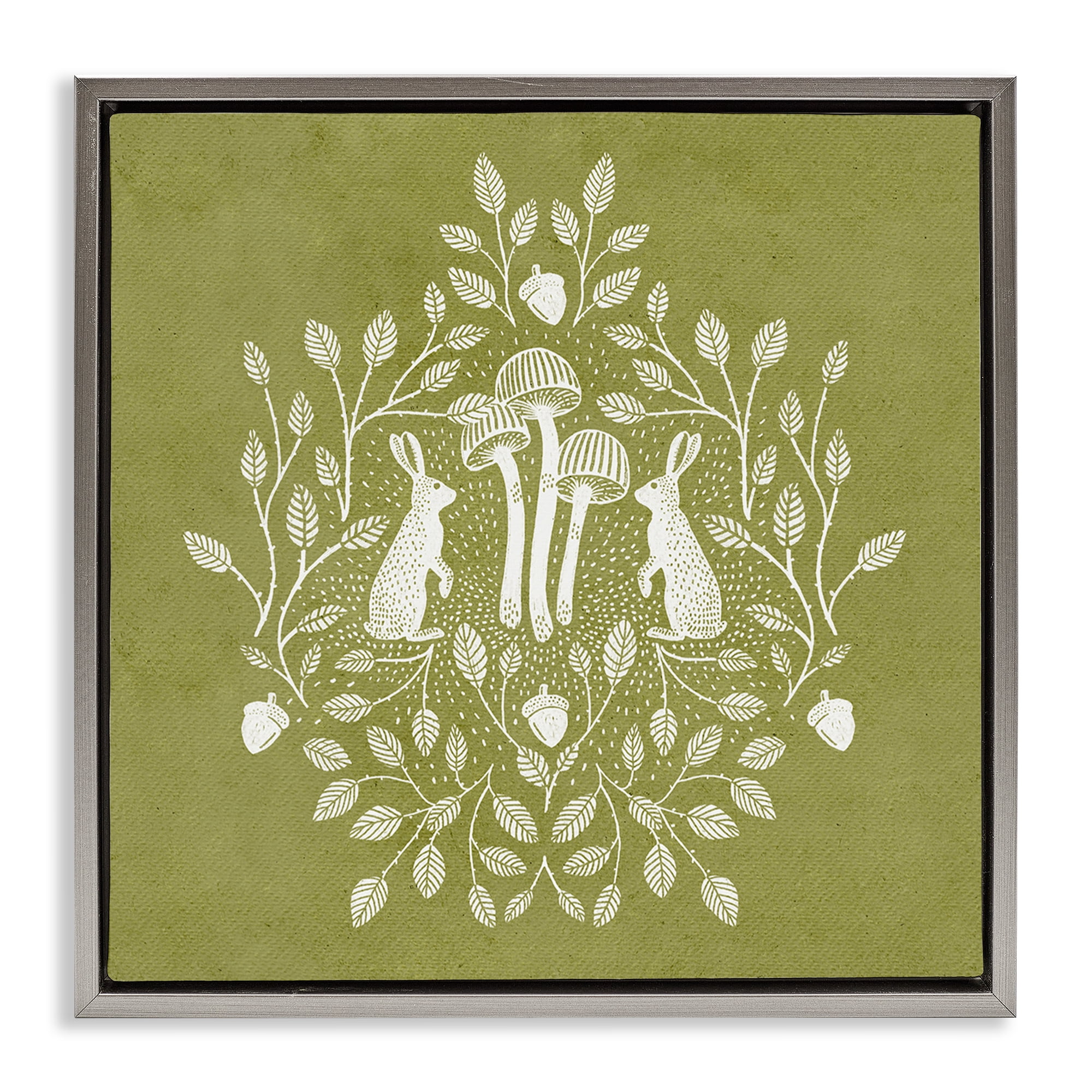 Stupell Industries Olive Green Botanical Rabbits Plants & Flowers Painting Gray Floater Framed Canvas Art Print Wall Art, 25 x 25