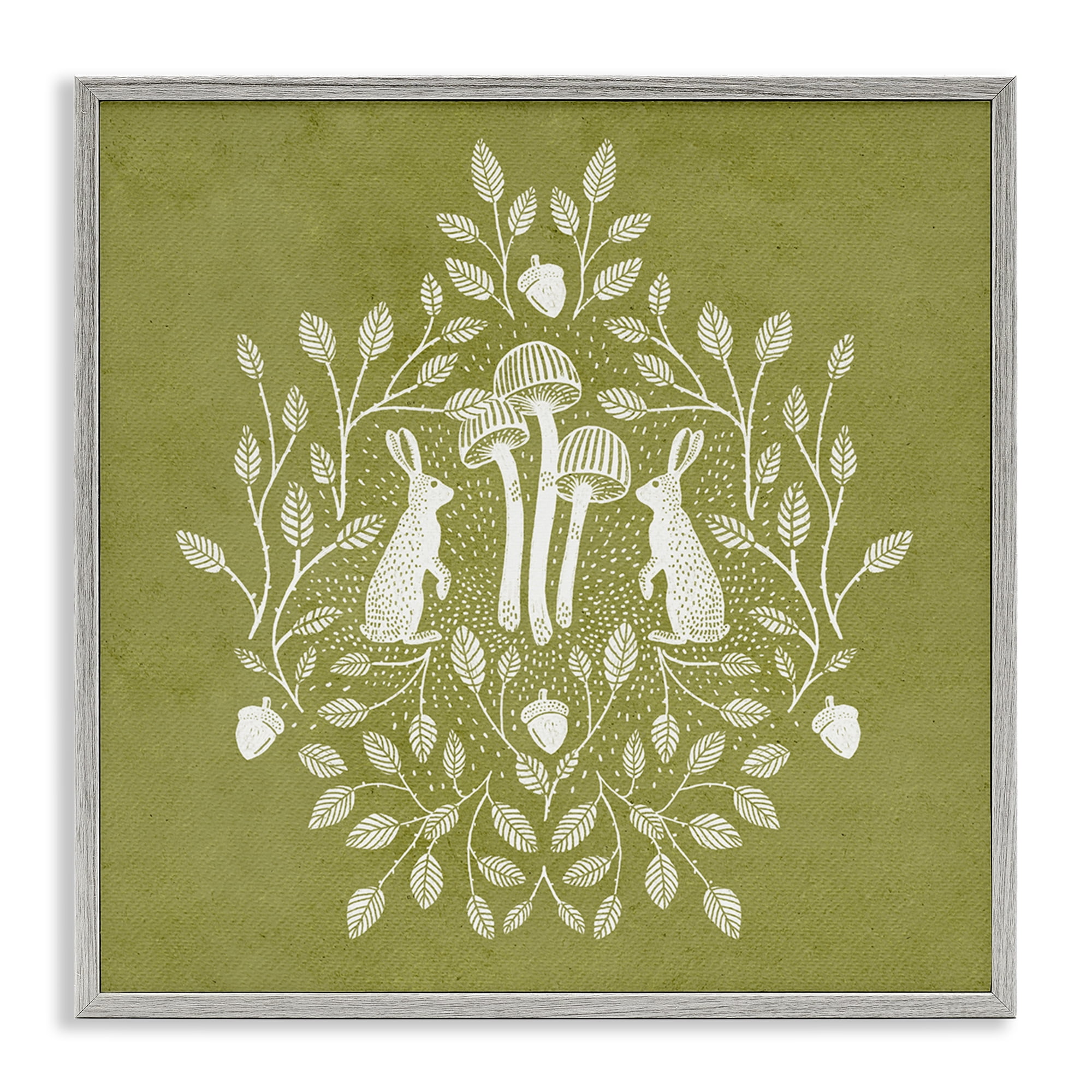 Stupell Industries Olive Green Botanical Rabbits Plants & Flowers Painting Gray Framed Art Print Wall Art, 17 x 17