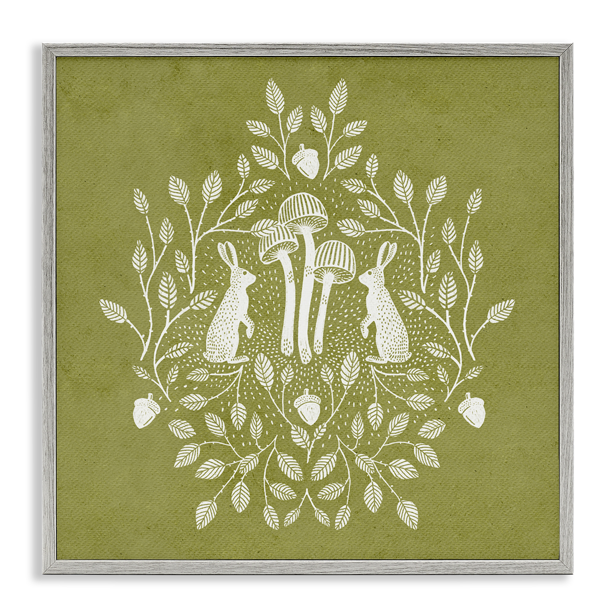 Stupell Industries Olive Green Botanical Rabbits Plants & Flowers Painting Gray Framed Art Print Wall Art, 24 x 24