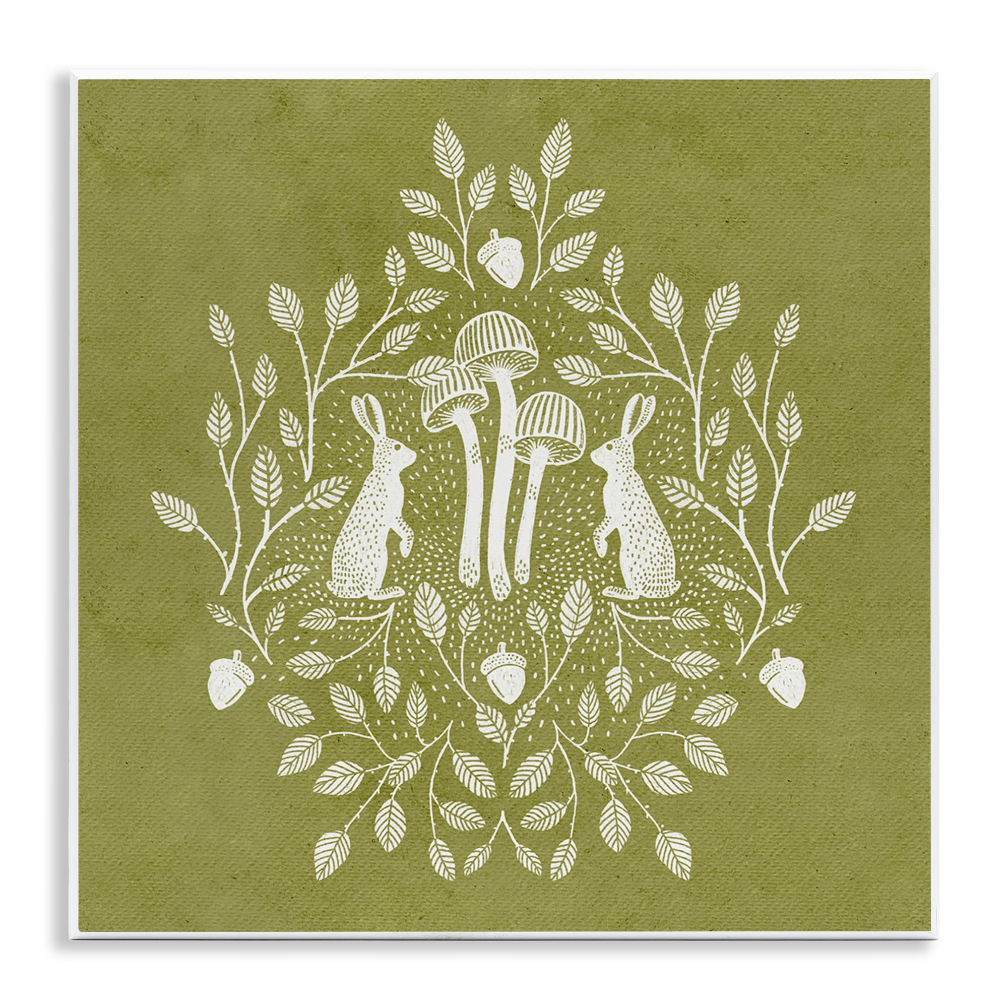 Stupell Industries Olive Green Botanical Rabbits Plants & Flowers Painting Unframed Art Print Wall Art, 12 x 12