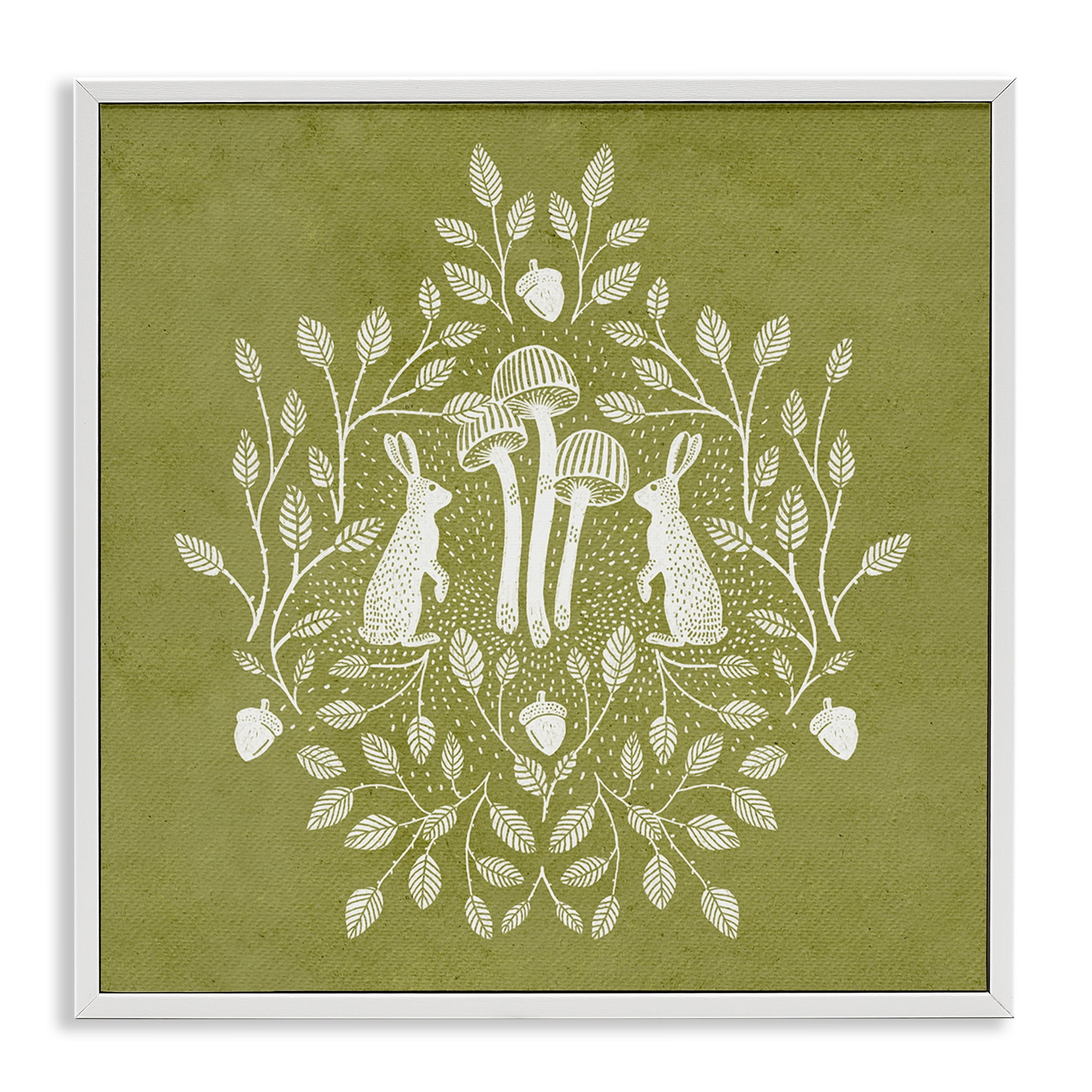 Stupell Industries Olive Green Botanical Rabbits Plants & Flowers Painting White Framed Art Print Wall Art, 12 x 12
