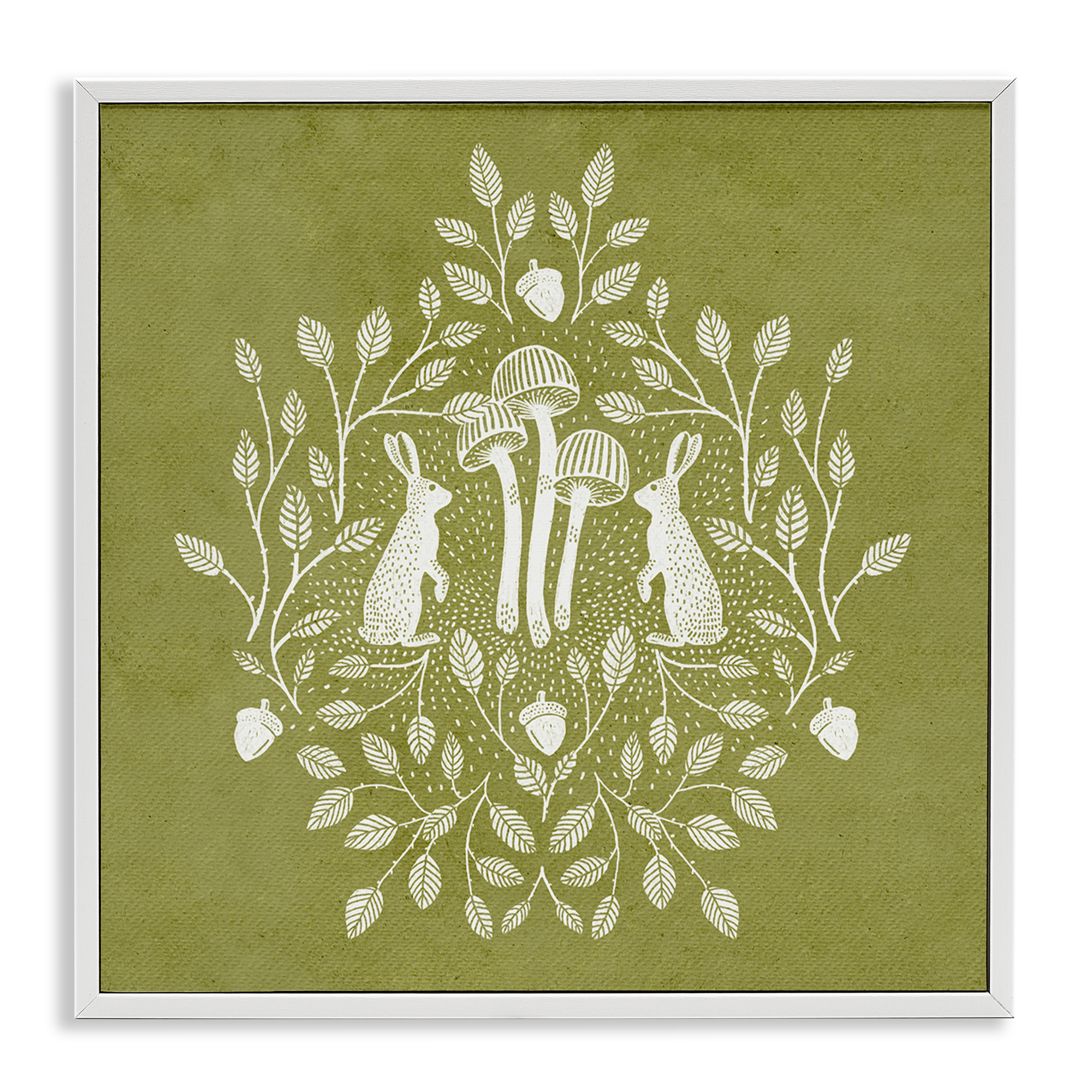 Stupell Industries Olive Green Botanical Rabbits Plants & Flowers Painting White Framed Art Print Wall Art, 24 x 24