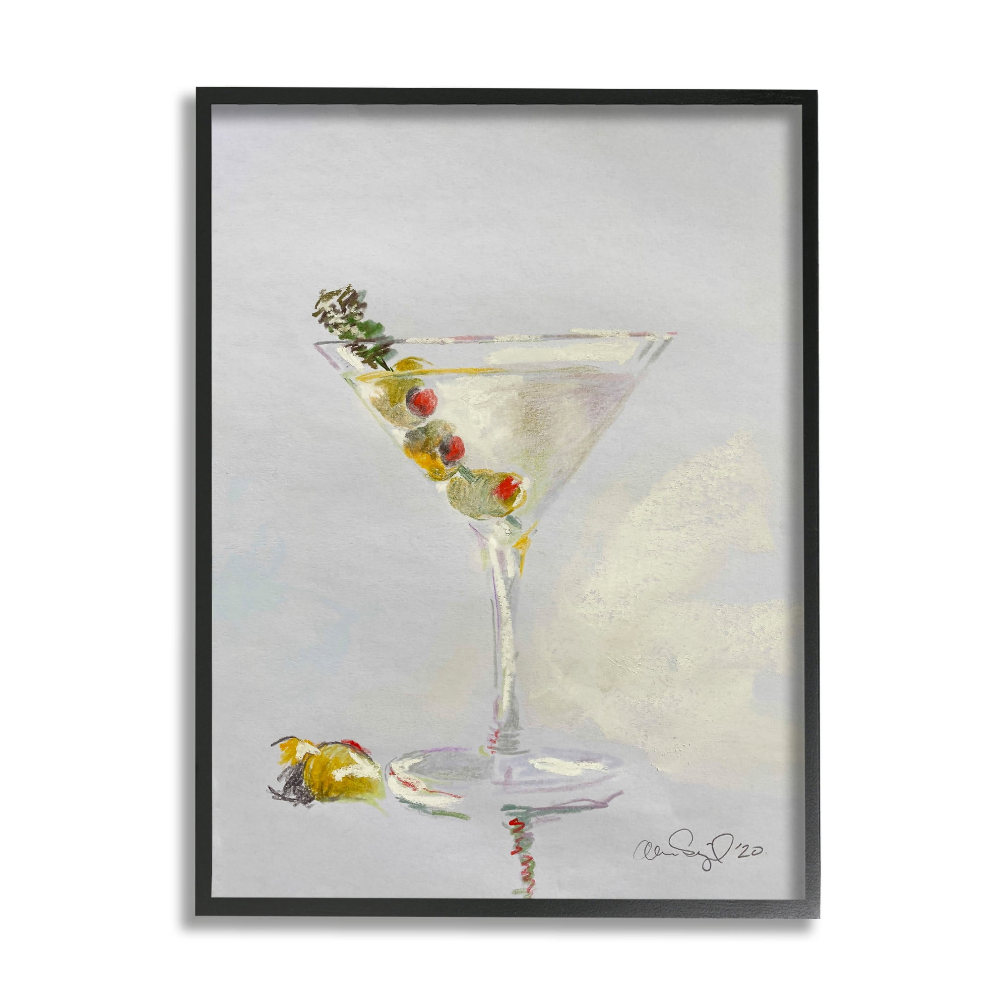 Stupell Industries Olive Martini Glass Cocktail Bar Classic Style Paintings Black Framed Art Print Wall Art, 16x20, by Alan Segal