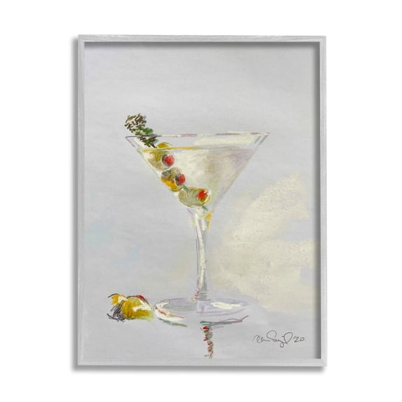 Stupell Industries Olive Martini Glass Cocktail Bar Classic Style Paintings Gray Framed Art Print Wall Art, 16x20, by Alan Segal