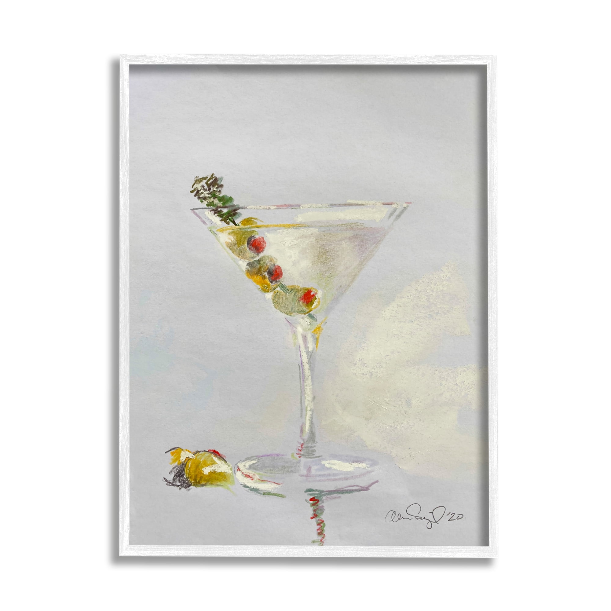 Stupell Industries Olive Martini Glass Cocktail Bar Classic Style Paintings White Framed Art Print Wall Art, 11x14, by Alan Segal