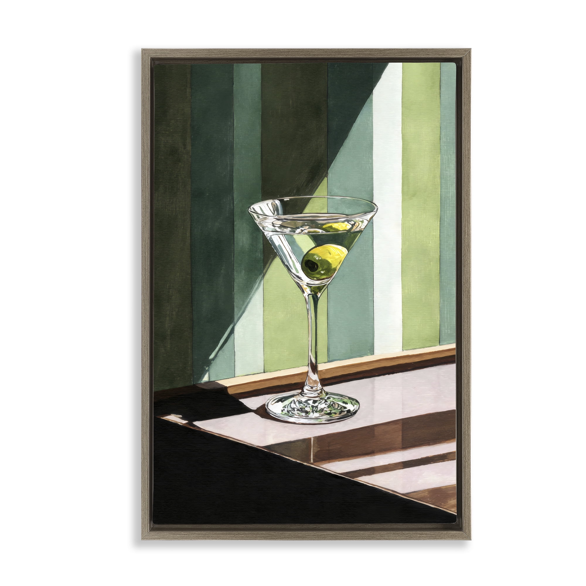 Stupell Industries Olive Martini in Sun Beam Brown Framed Floater Canvas Wall Art, design by Petal Prints Design