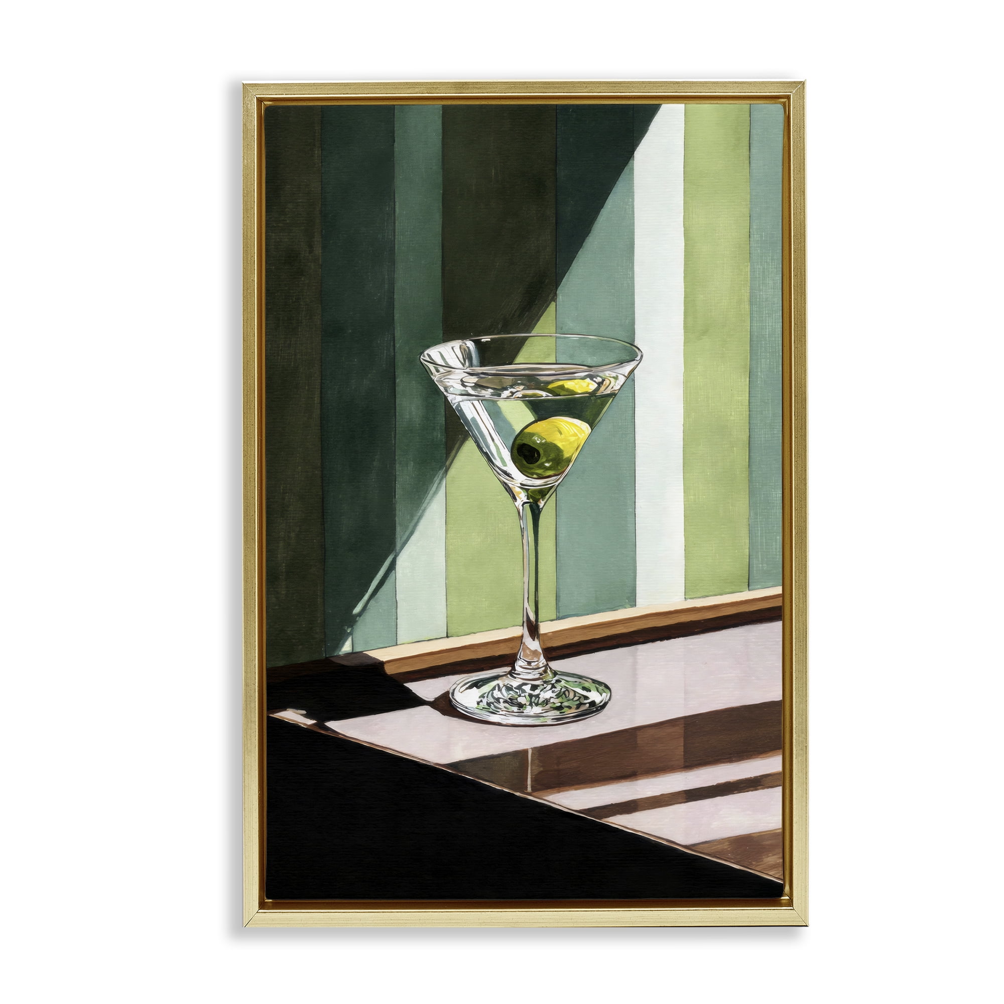 Stupell Industries Olive Martini in Sun Beam Gold Framed Floater Canvas Wall Art, design by Petal Prints Design