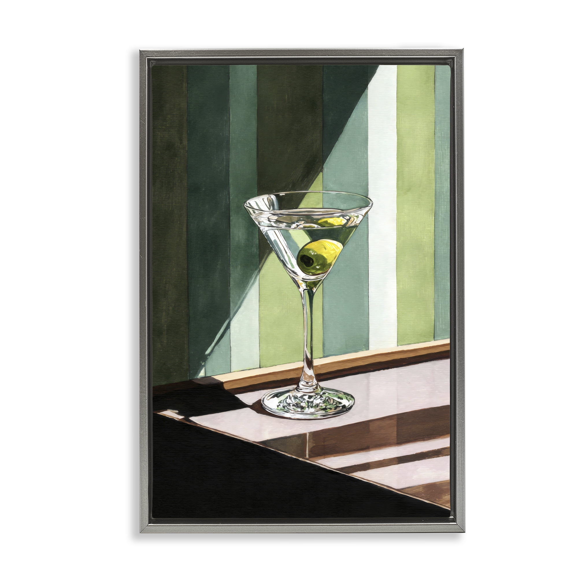 Stupell Industries Olive Martini in Sun Beam Gray Framed Floater Canvas Wall Art, design by Petal Prints Design
