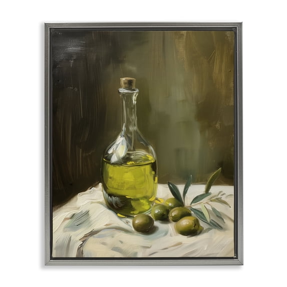 Stupell Industries Olive Oil Still Life Food & Beverage Painting Gray Floater Framed Canvas Art Print Wall Art, 25 x 31