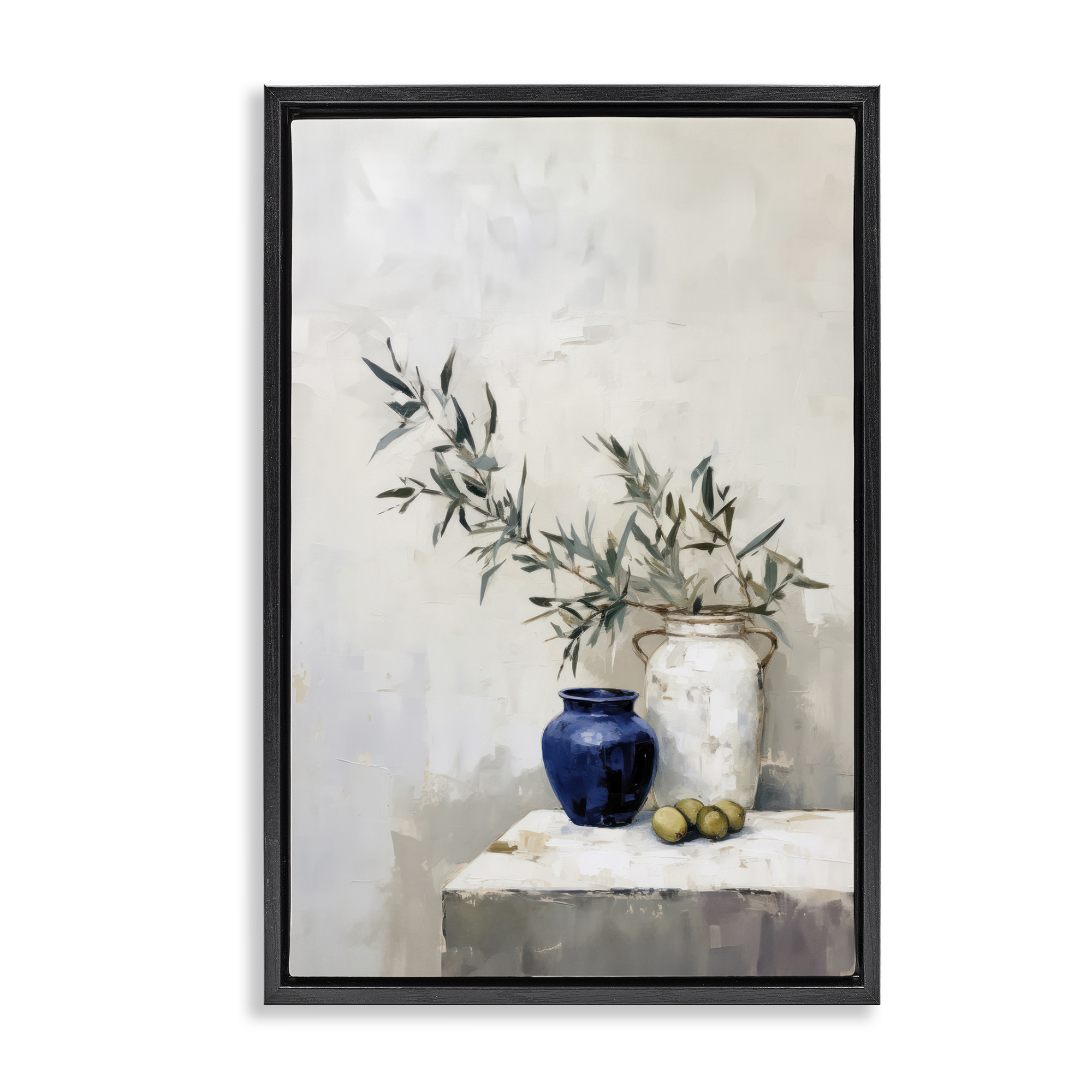 Stupell Industries Olives & Pottery Still Life Plants & Flowers Painting Black Floater Framed Canvas Art Print Wall Art, 21 x 31