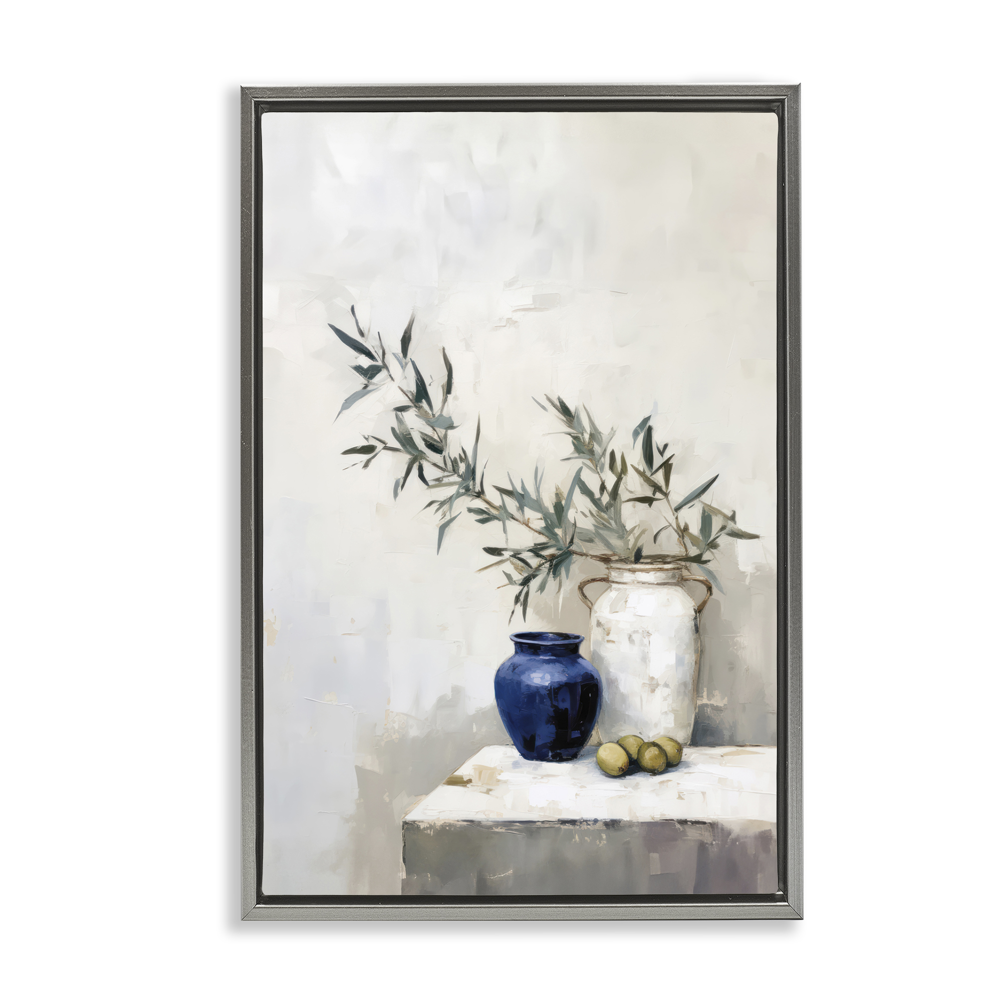 Stupell Industries Olives & Pottery Still Life Plants & Flowers Painting Gray Floater Framed Canvas Art Print Wall Art, 21 x 31