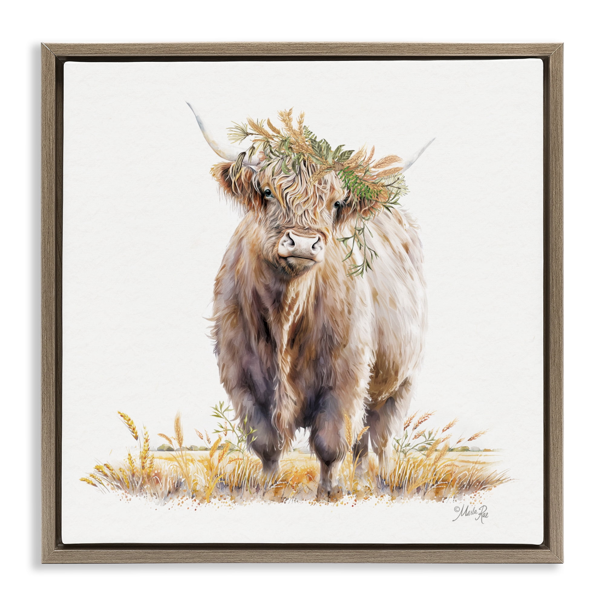 Stupell Industries Ollie the Highland Cattle Brown Framed Floater Canvas Wall Art, design by Marla Rae