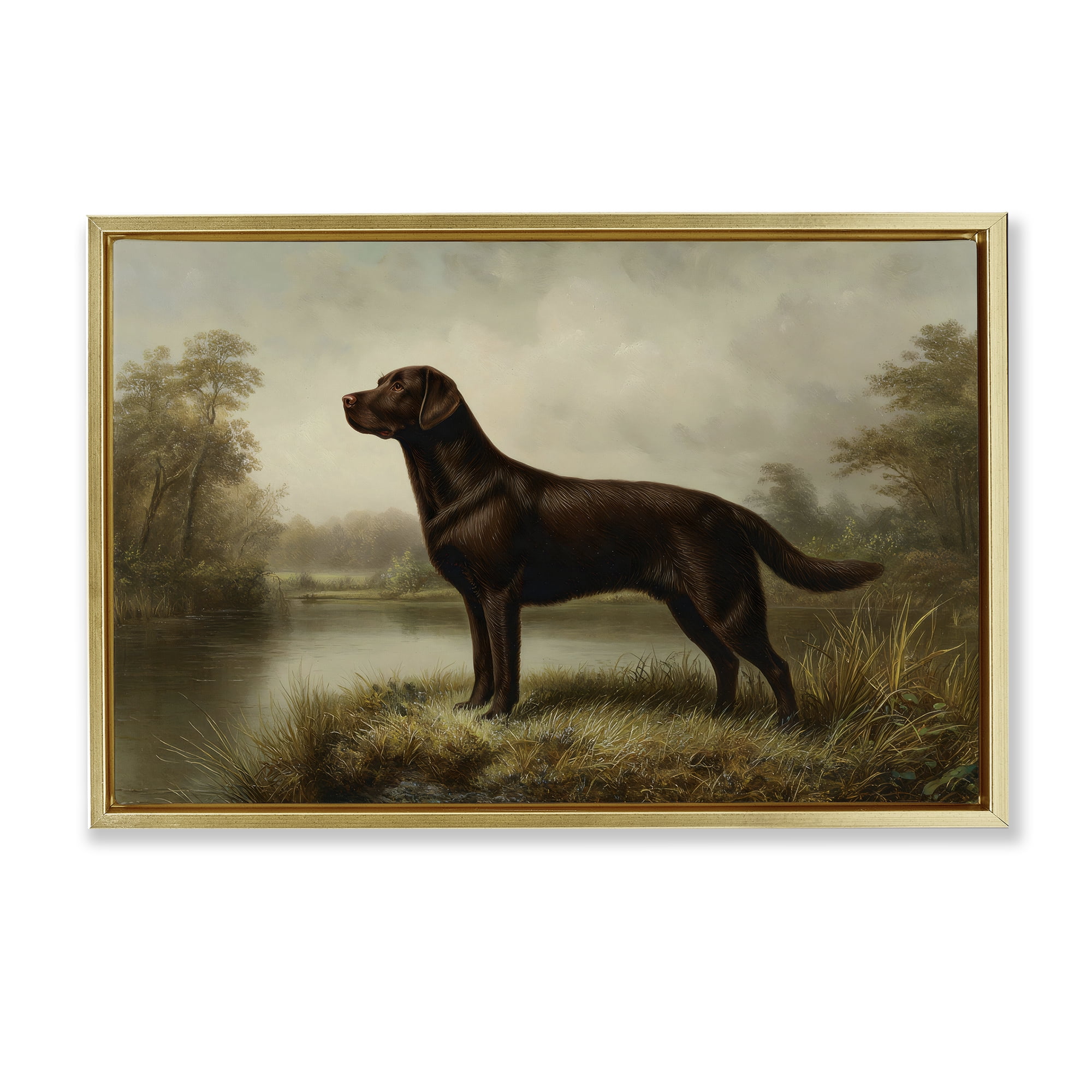 Stupell Industries On Alert Chocolate Lab Gold Framed Floater Canvas Wall Art, design by Petal Prints Design