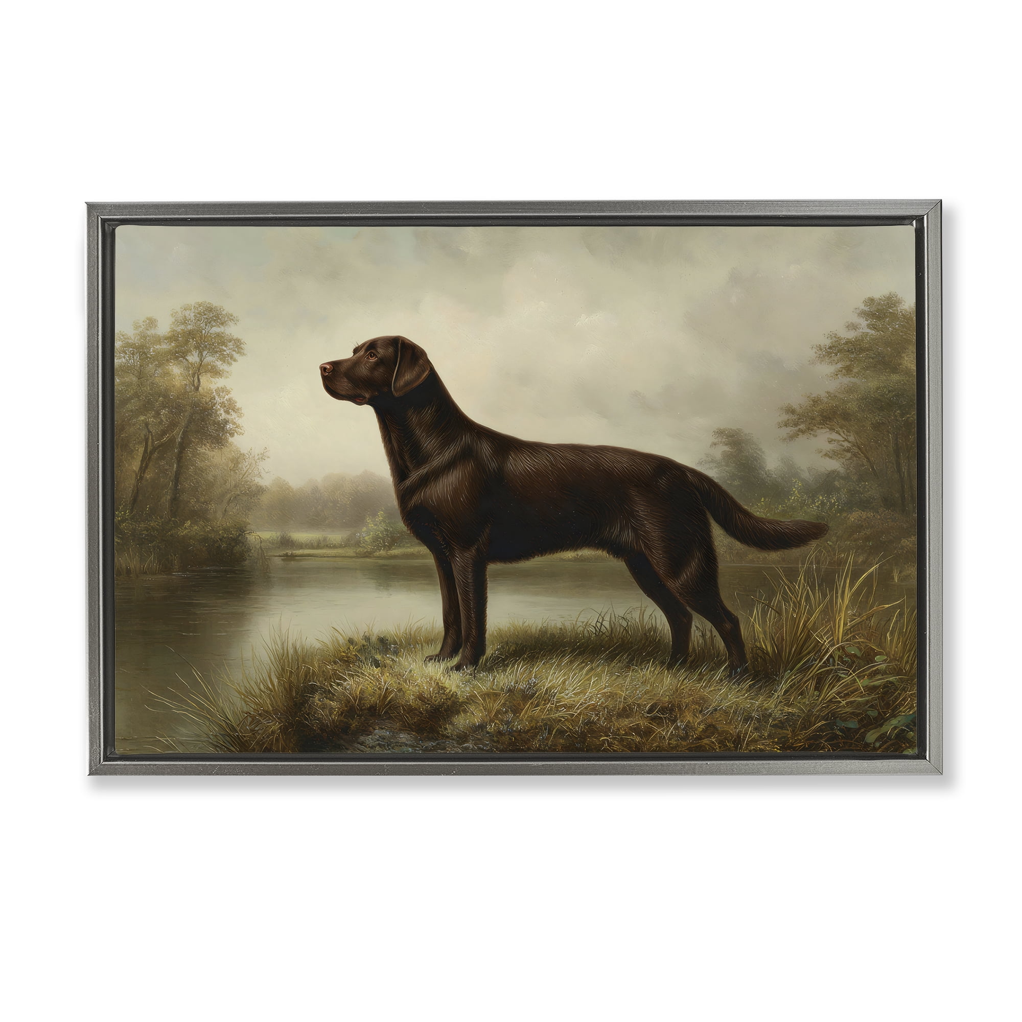 Stupell Industries On Alert Chocolate Lab Gray Framed Floater Canvas Wall Art, design by Petal Prints Design
