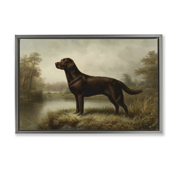 Stupell Industries Traditional On Alert Chocolate Lab Gray Floating Frame Canvas Art, 25 x 17, by Petals Prints Design