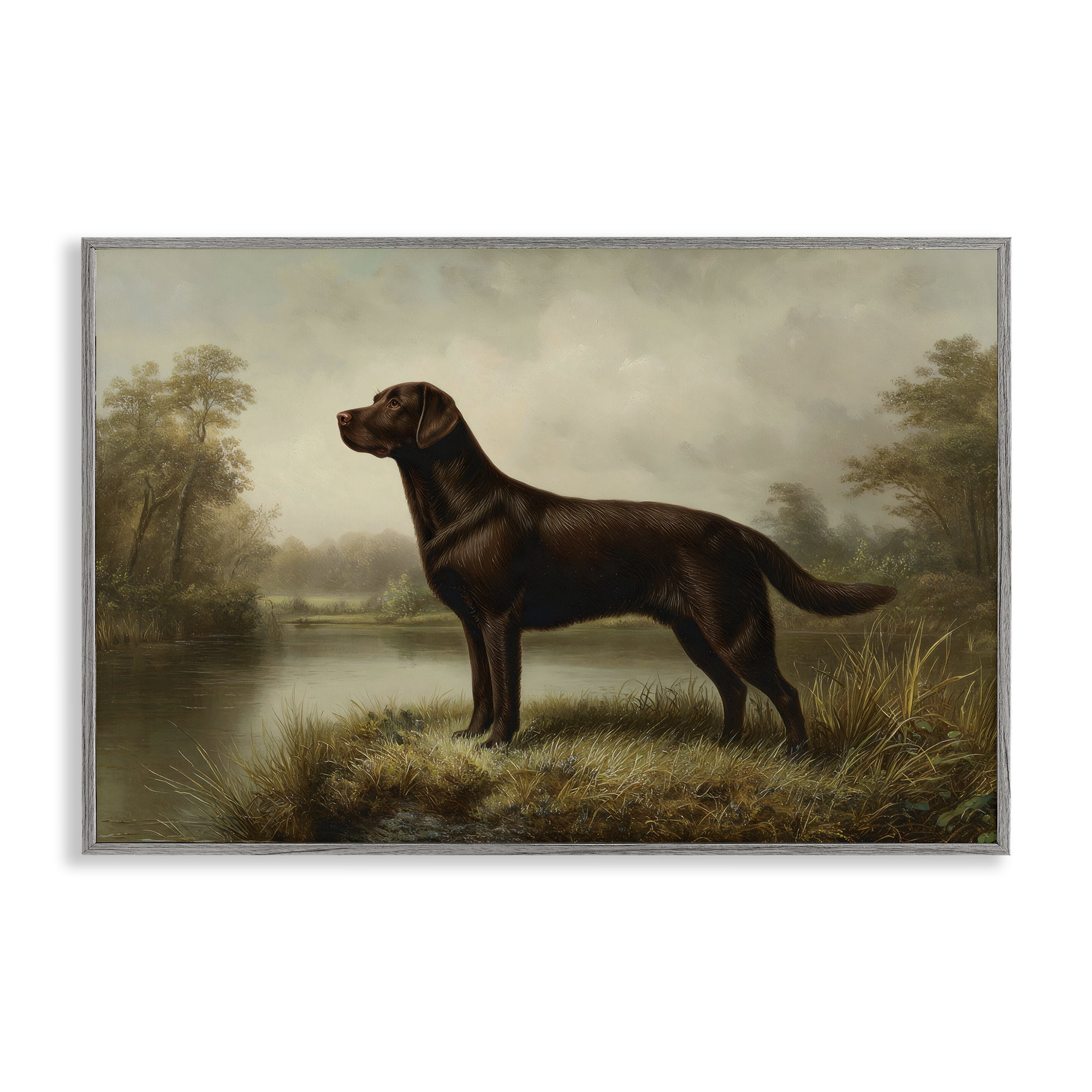 Stupell Industries On Alert Chocolate Lab Gray Framed Giclee Art, design by Petal Prints Design
