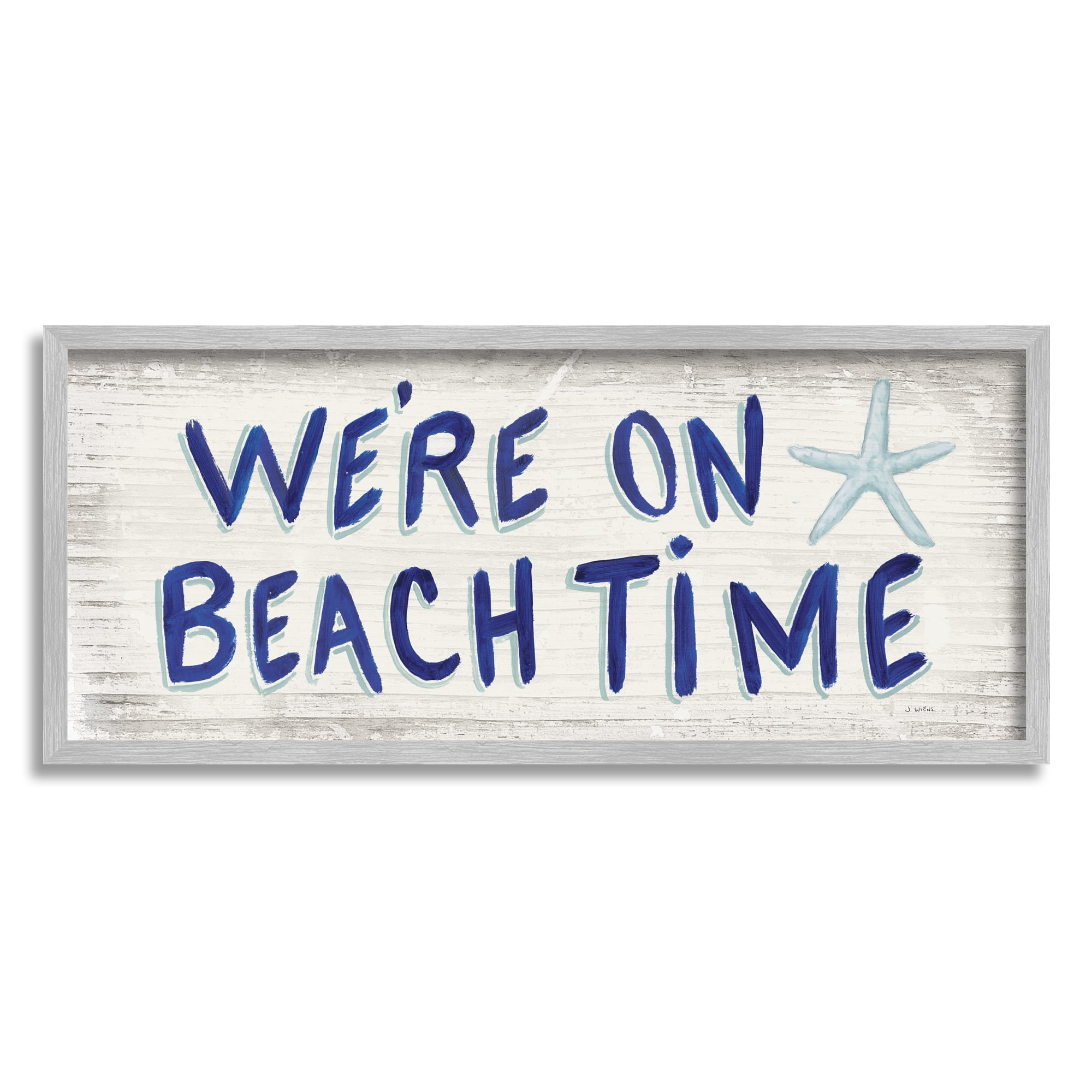 Stupell Industries On Beach Time Phrase Nature Painting Gray Framed Art Print Wall Art, 24 x 10