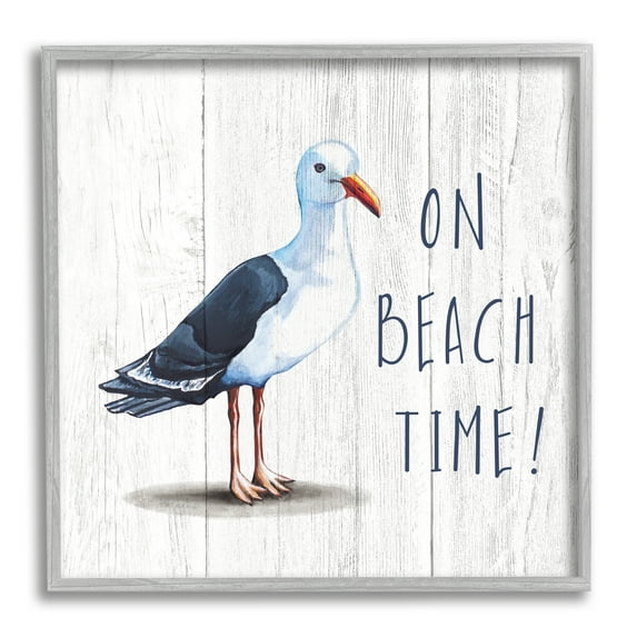 Stupell Industries On Beach Time Phrase Nautical Seagull Rustic Bird Graphic Art Gray Framed Art Print Wall Art, 12x12, by Elizabeth Tyndall