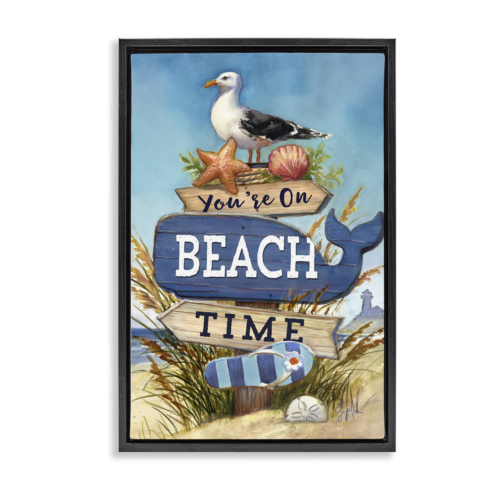 Stupell Industries On Beach Time Sign Nautical & Beach Painting Black Floater Framed Canvas Art Print Wall Art, 21 x 31
