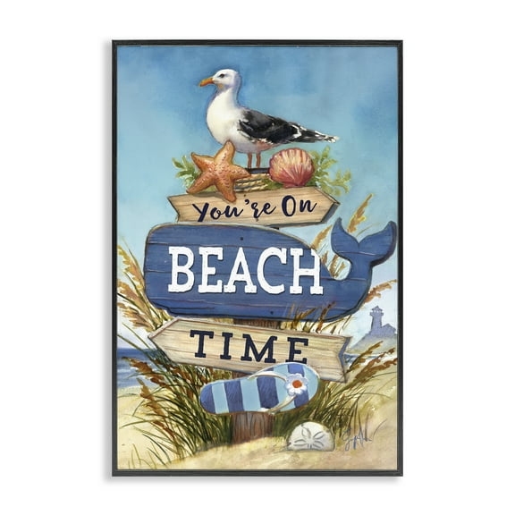 Stupell Industries On Beach Time Sign Nautical & Beach Painting Black Framed Art Print Wall Art, 12 x 18
