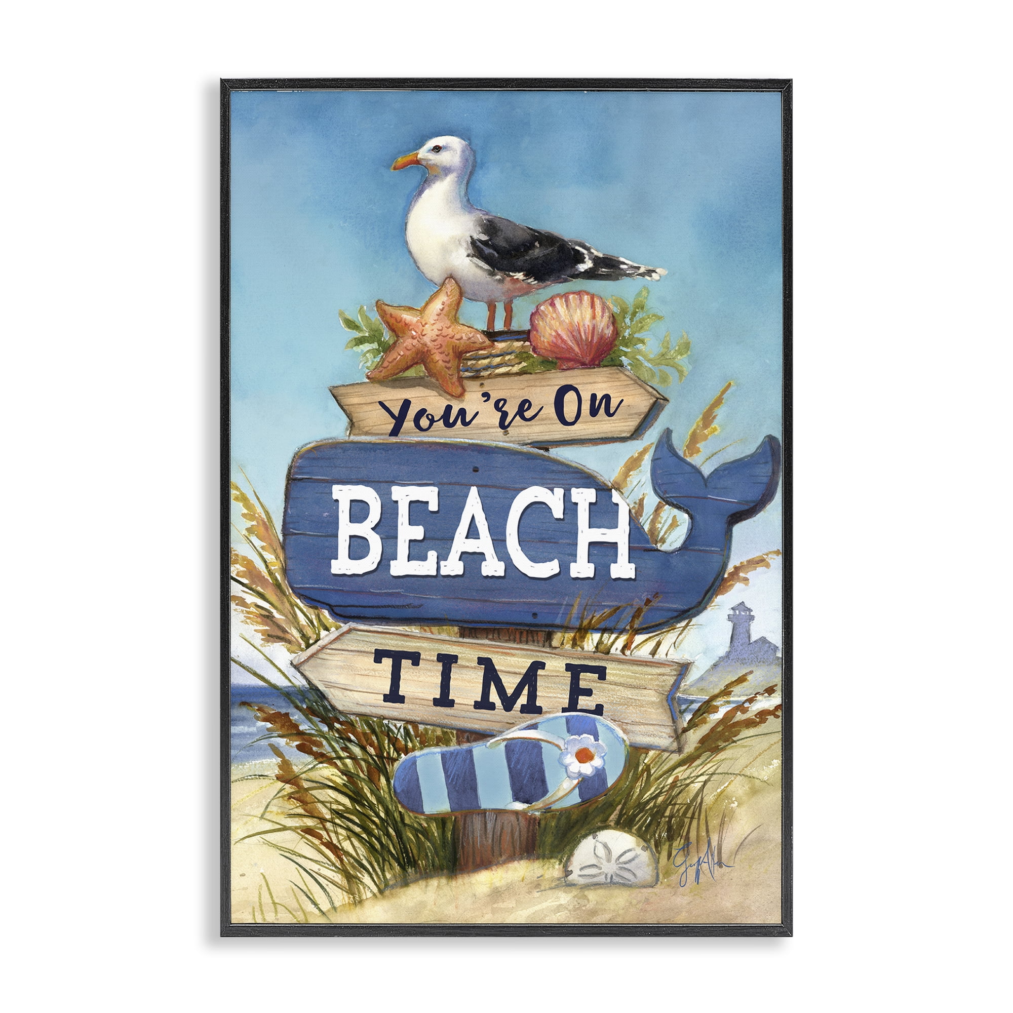 Stupell Industries On Beach Time Sign Nautical & Beach Painting Black Framed Art Print Wall Art, 16 x 24