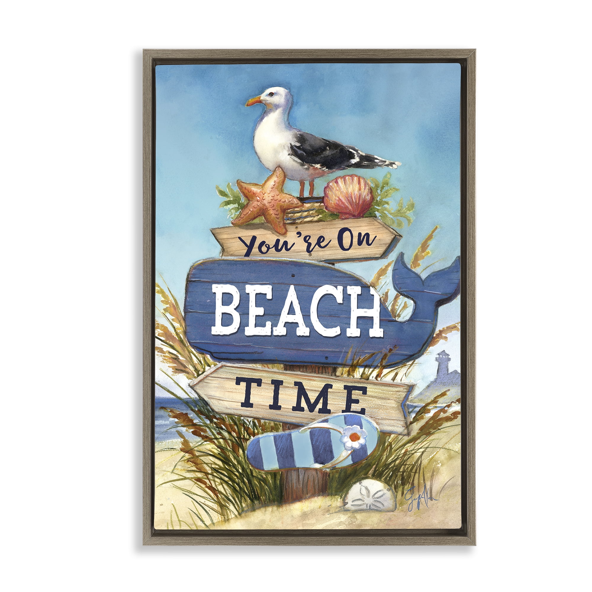 Stupell Industries On Beach Time Sign Nautical & Beach Painting Brown Floater Framed Canvas Art Print Wall Art, 21 x 31