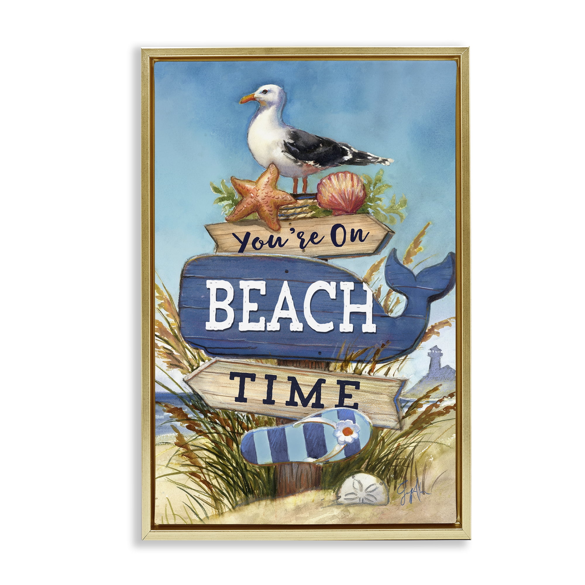 Stupell Industries On Beach Time Sign Nautical & Beach Painting Gold Floater Framed Canvas Art Print Wall Art, 17 x 25