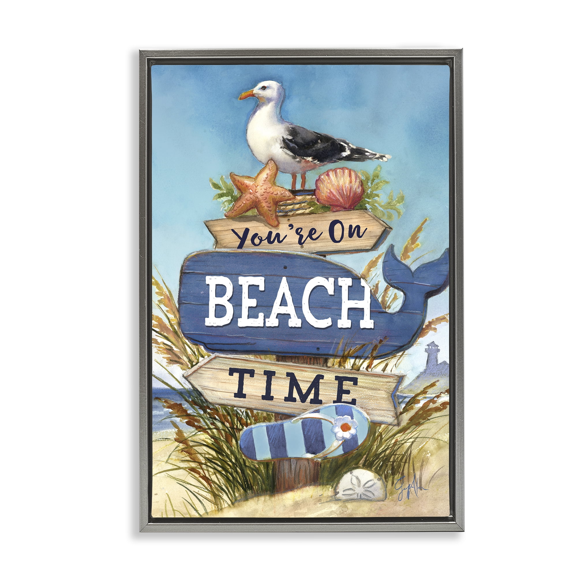 Stupell Industries On Beach Time Sign Nautical & Beach Painting Gray Floater Framed Canvas Art Print Wall Art, 17 x 25
