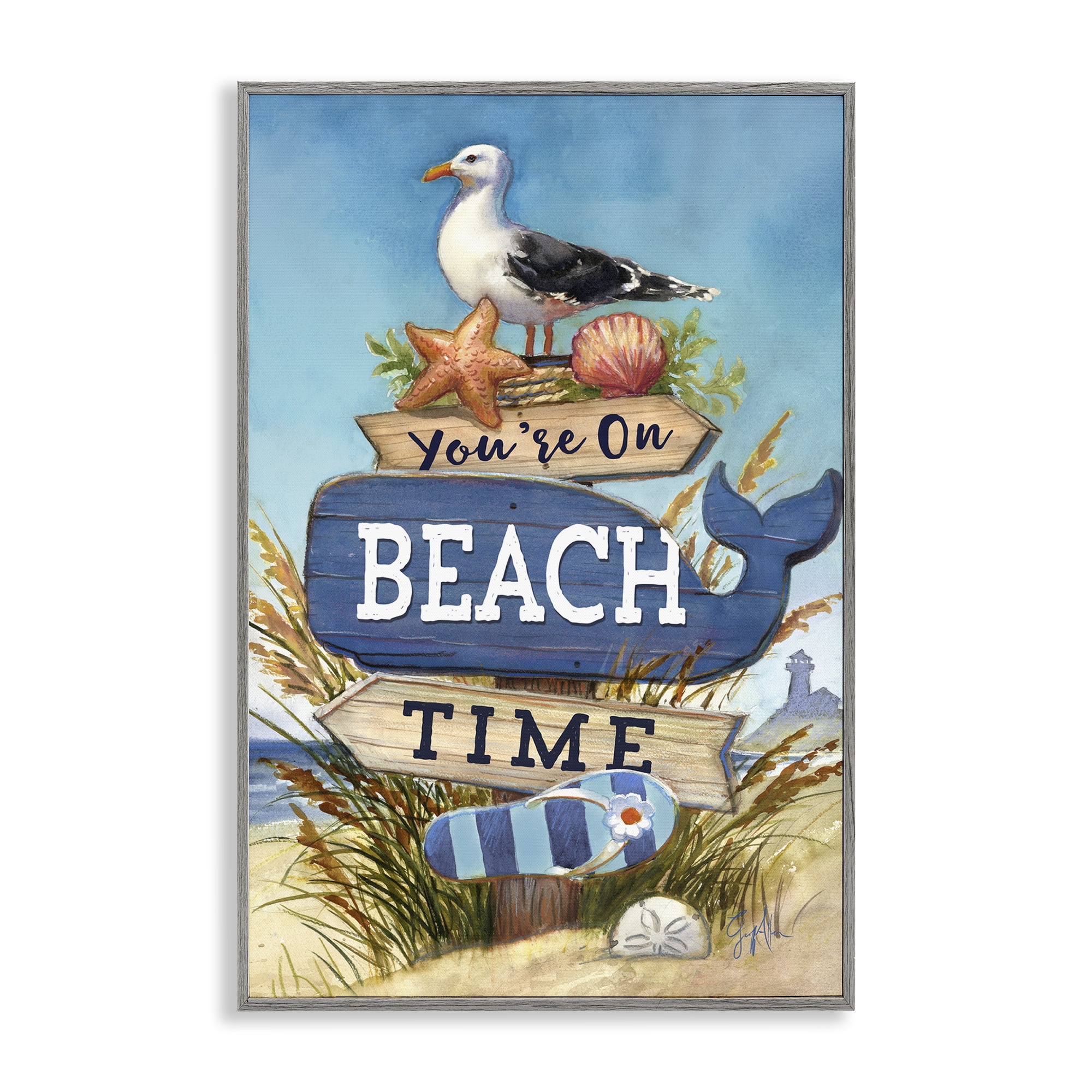 Stupell Industries On Beach Time Sign Nautical & Beach Painting Gray Framed Art Print Wall Art, 16 x 24