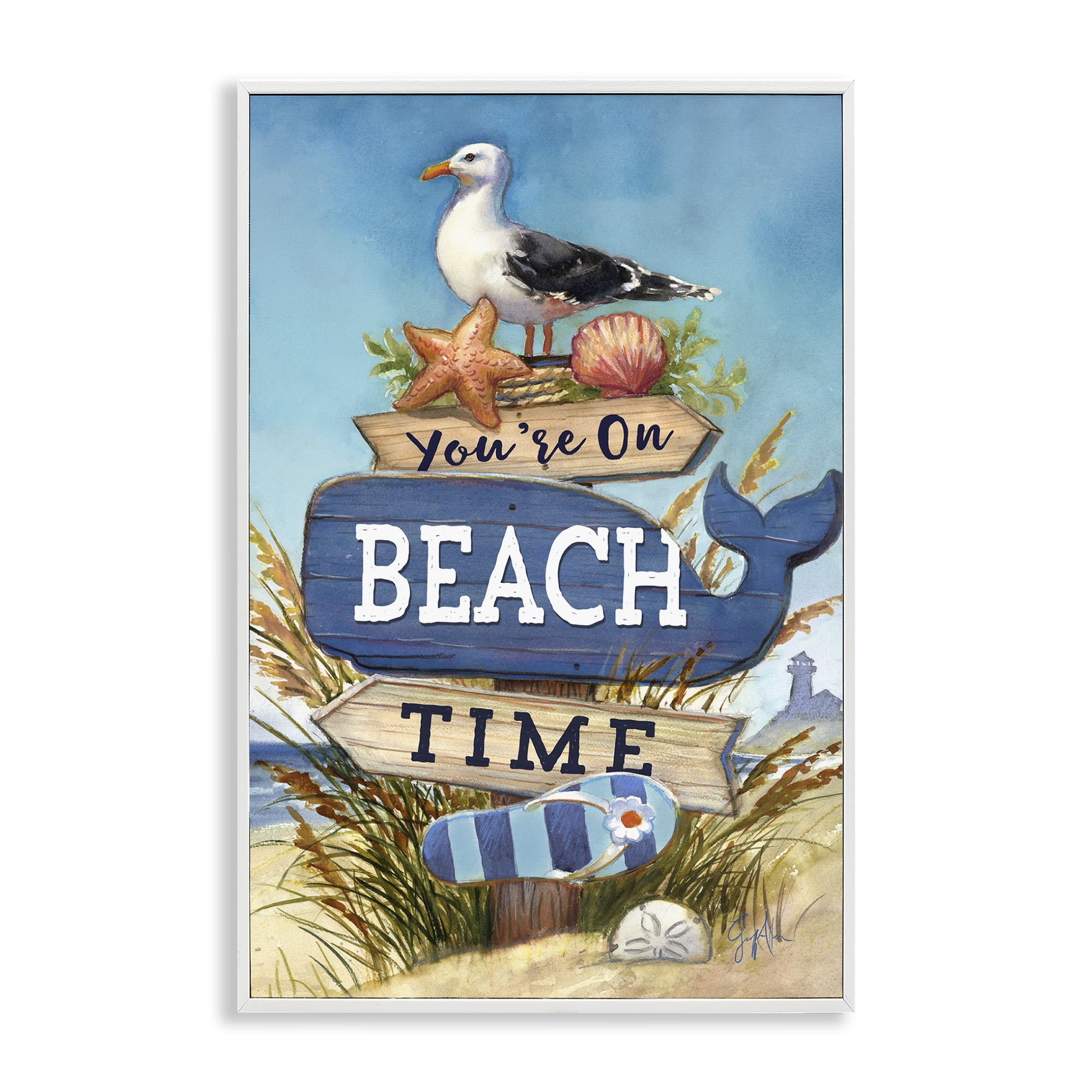 Stupell Industries On Beach Time Sign Nautical & Beach Painting White Framed Art Print Wall Art, 20 x 30