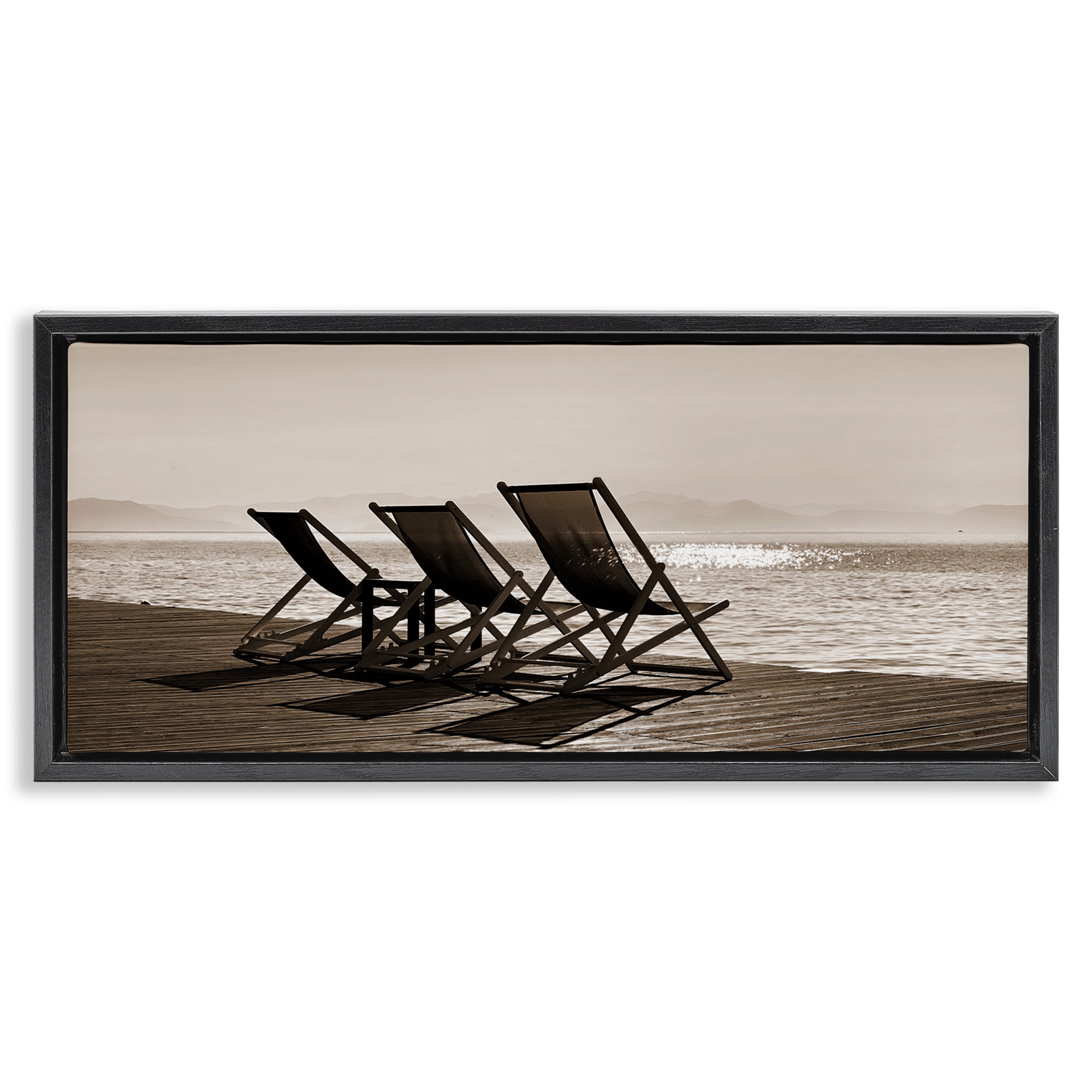 Stupell Industries On Deck Beach Chairs Coastal Photography Black Floater Framed Canvas Art Print Wall Art, 31 x 14
