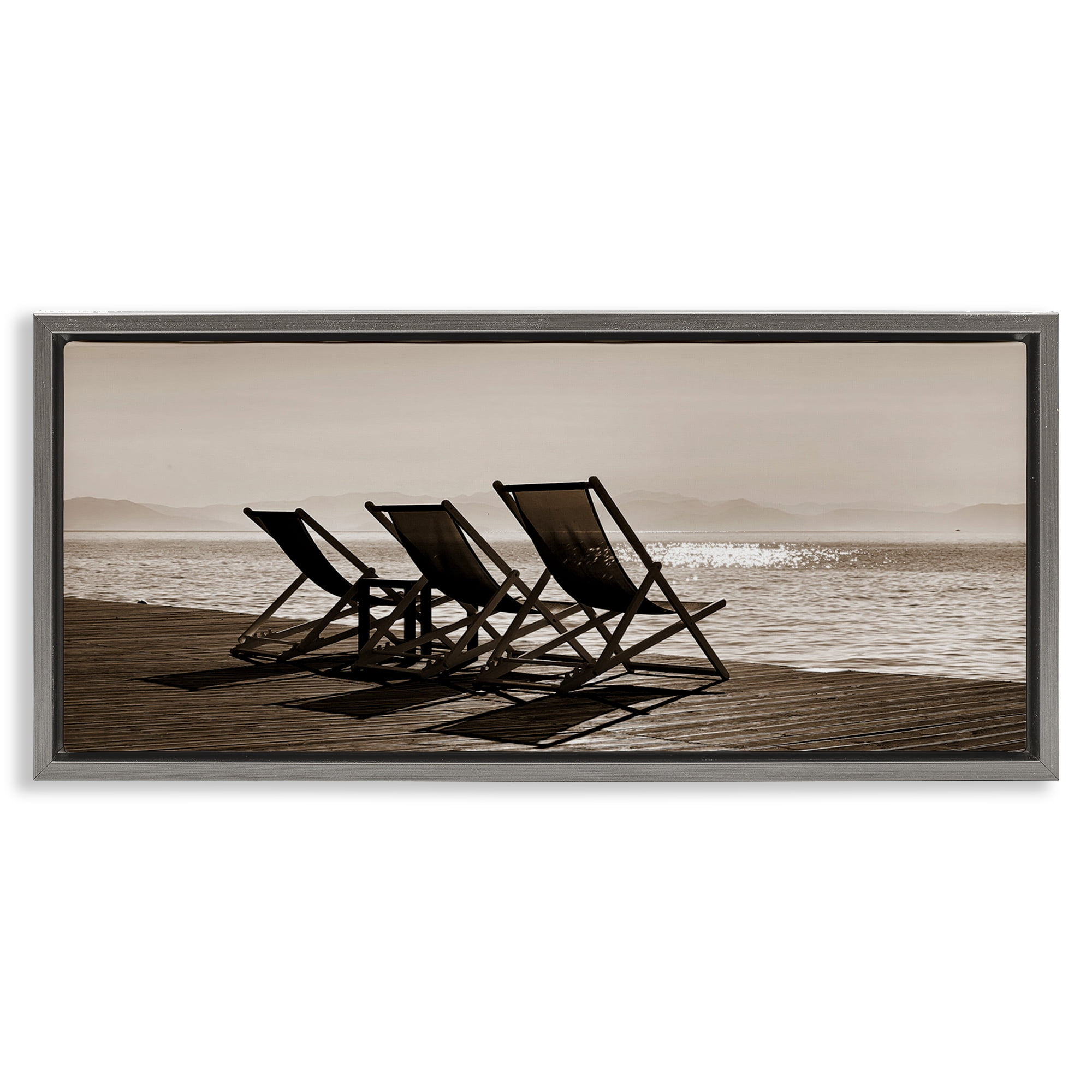 Stupell Industries On Deck Beach Chairs Coastal Photography Gray Floater Framed Canvas Art Print Wall Art, 31 x 14