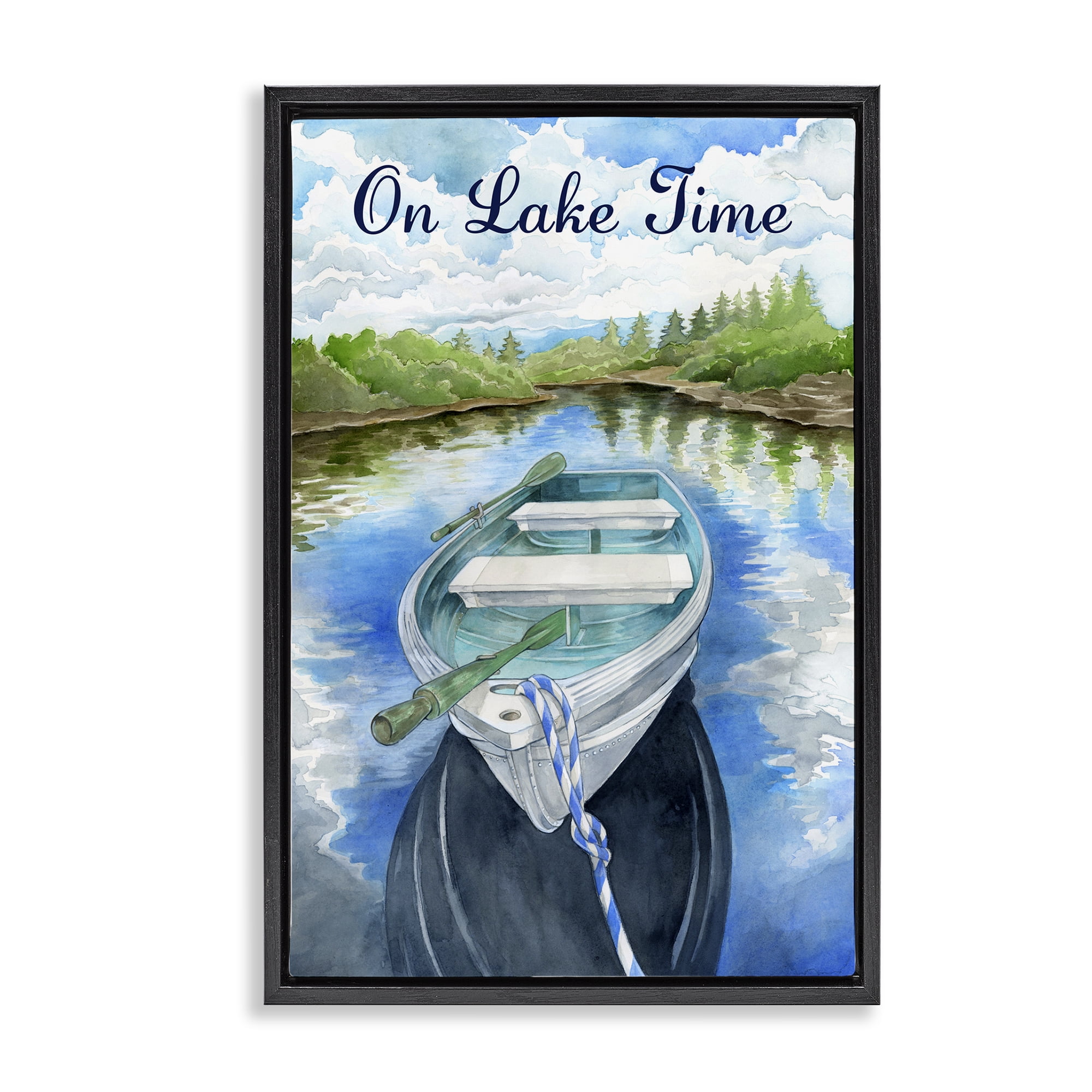 Stupell Industries On Lake Time Canoe Transportation Painting Black Floater Framed Canvas Art Print Wall Art, 21 x 31