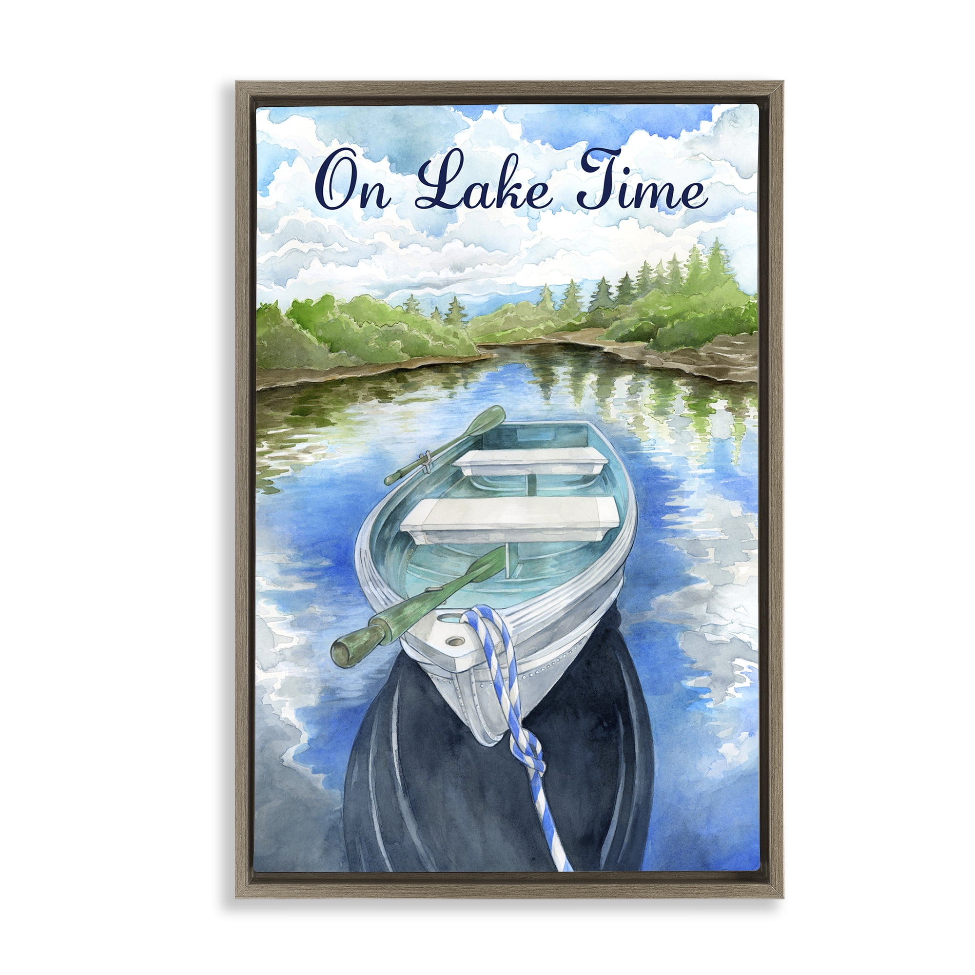 Stupell Industries On Lake Time Canoe Transportation Painting Brown Floater Framed Canvas Art Print Wall Art, 17 x 25